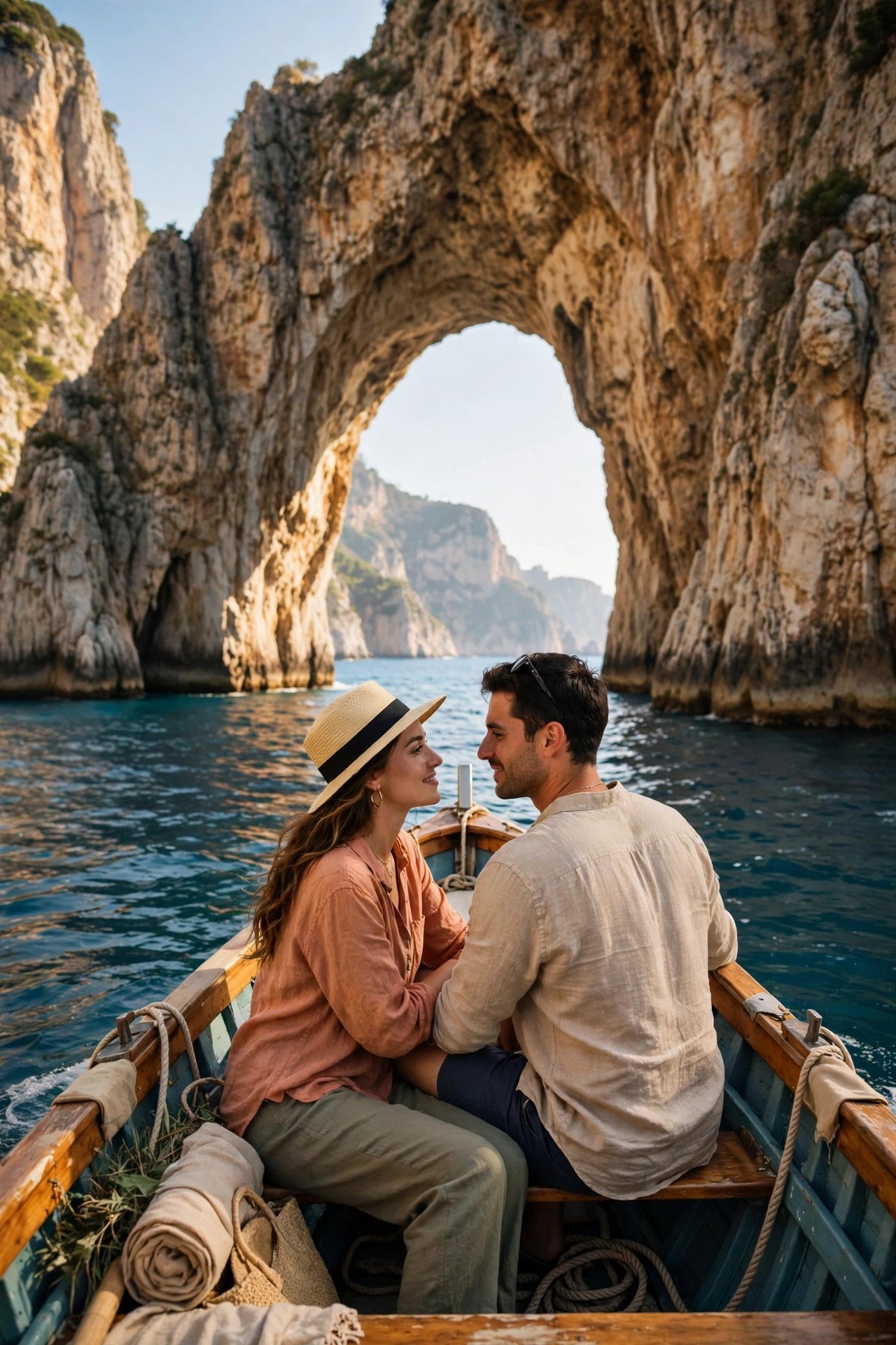 Couple on a small boat passing through the Faraglioni rock arch off Capri