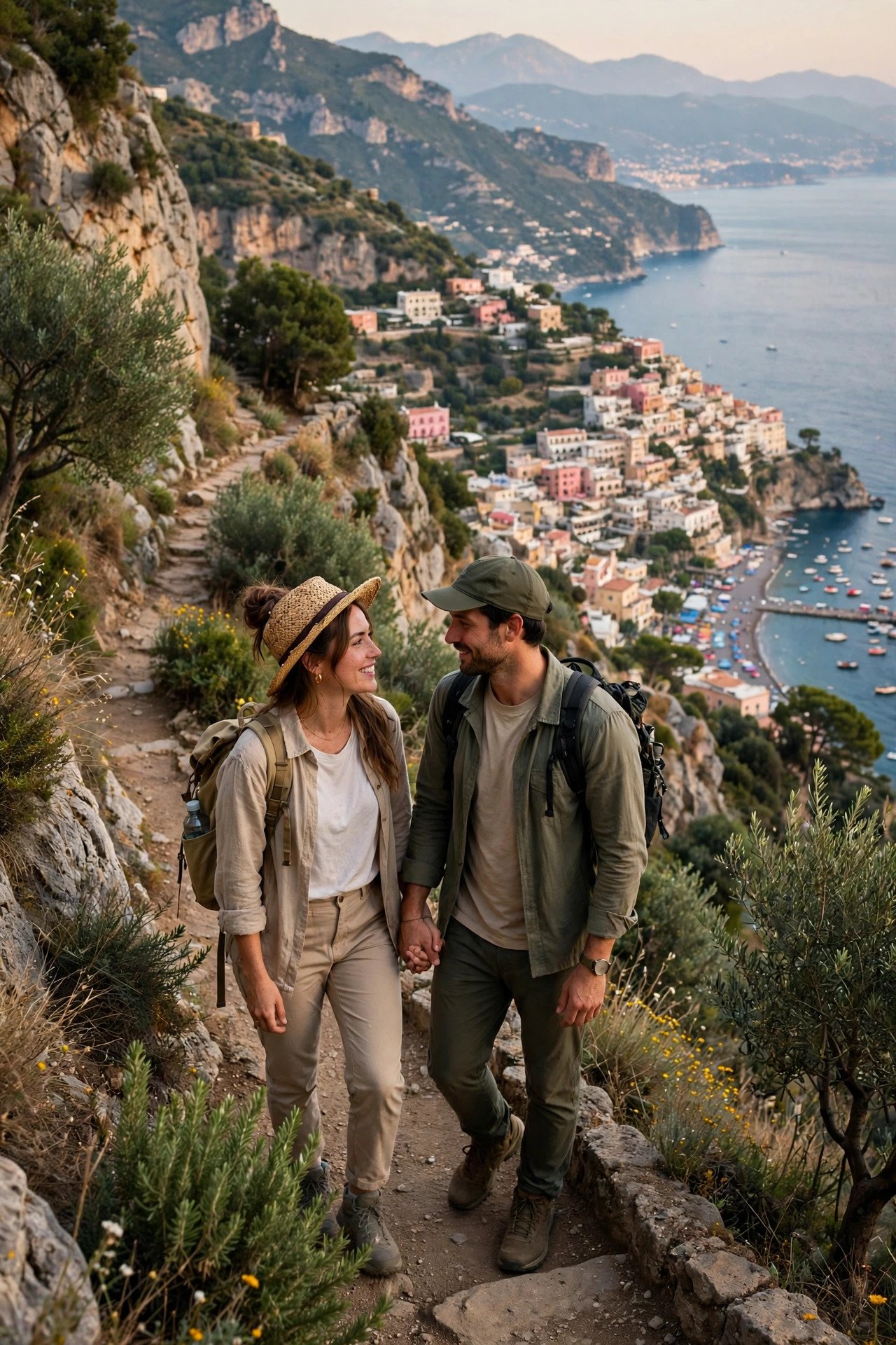 Couple hiking the Path of the Gods trail high above the Amalfi Coast with Positano in the distance