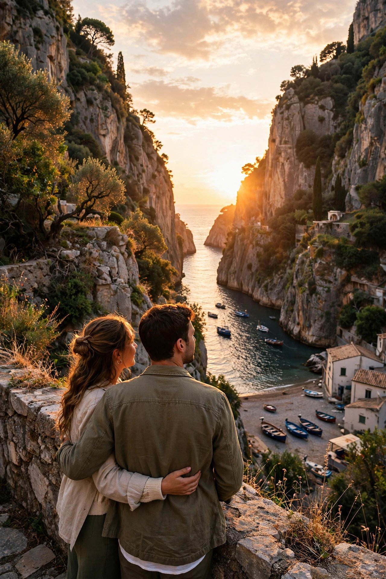 Couple watching the sunset light hit the tiny harbor of Fiordo di Furore between steep cliffs