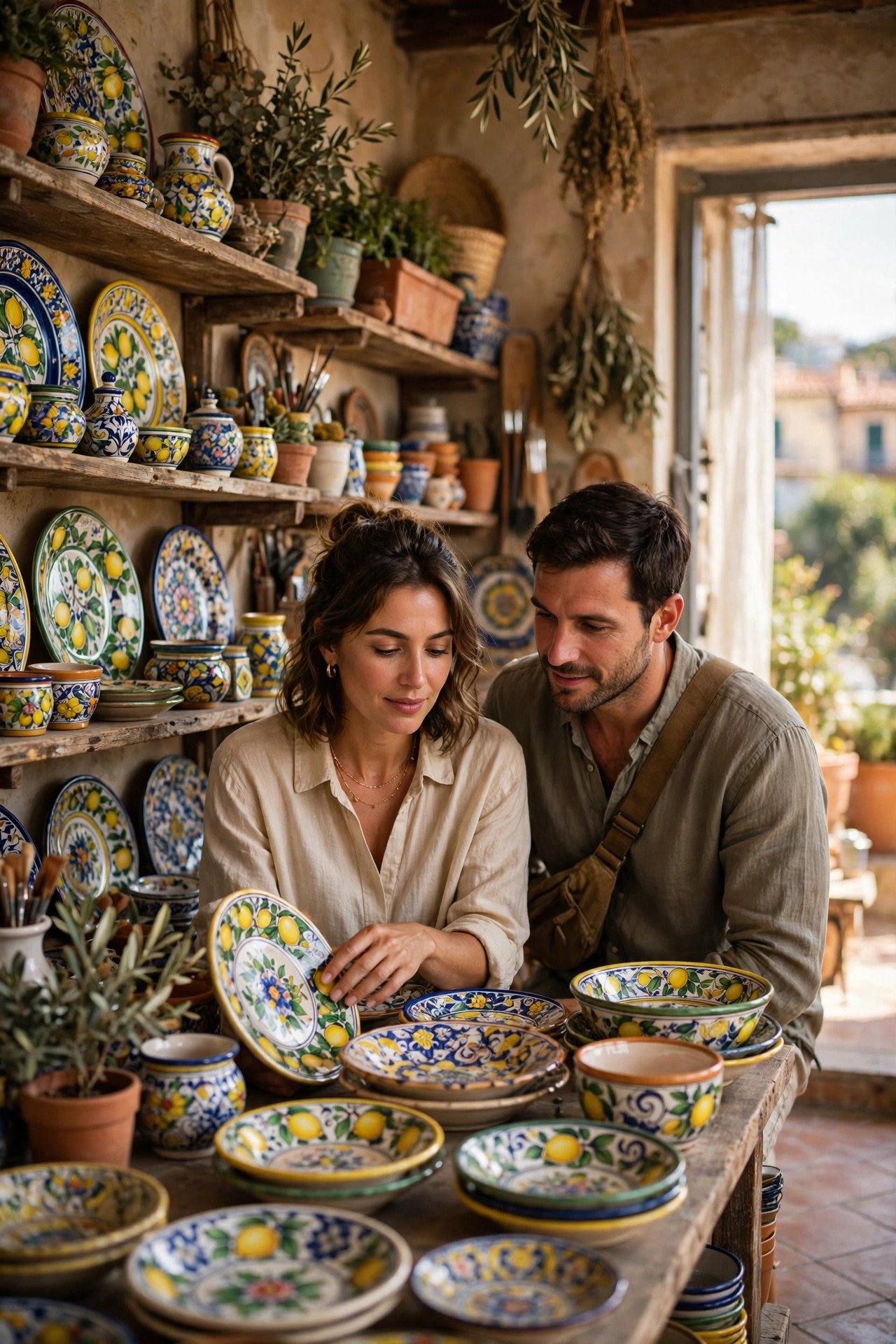 Couple browsing colorful hand-painted ceramics in a workshop in Vietri sul Mare