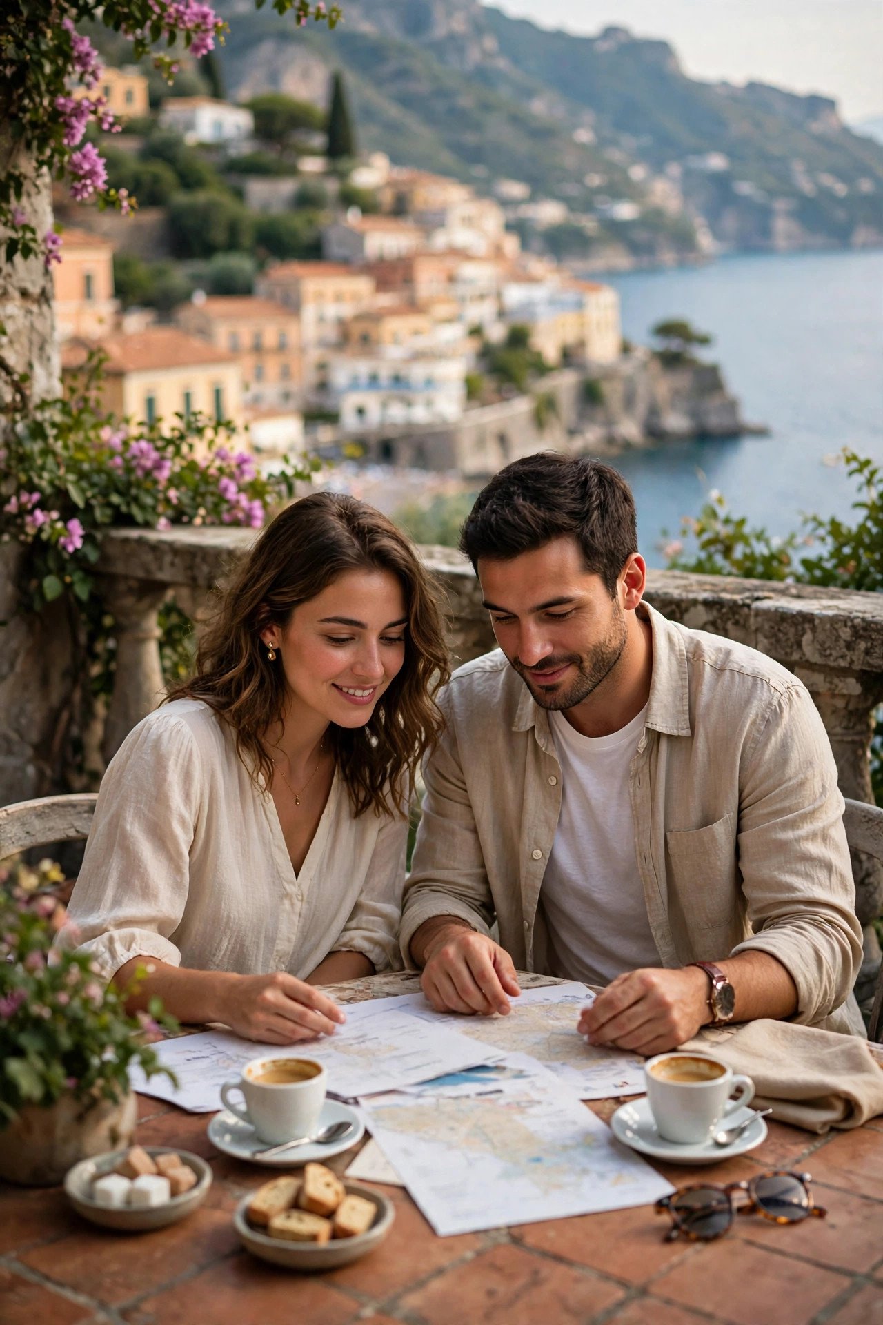 Couple reviewing their Amalfi Coast honeymoon budget over espresso on a sea-view terrace