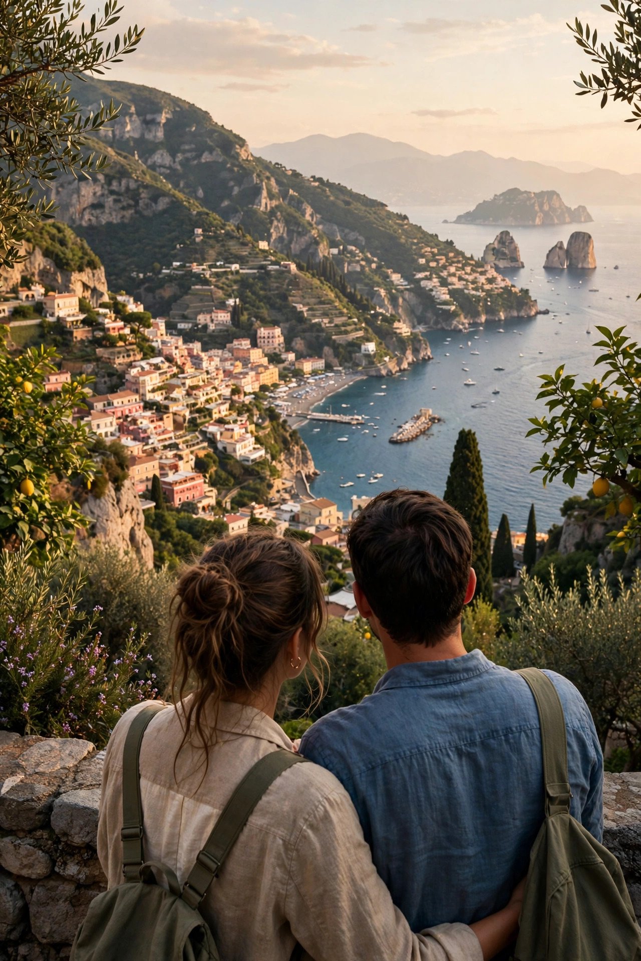 Couple tracing a five-day Amalfi Coast route across Positano, Amalfi, Ravello and Capri on a map