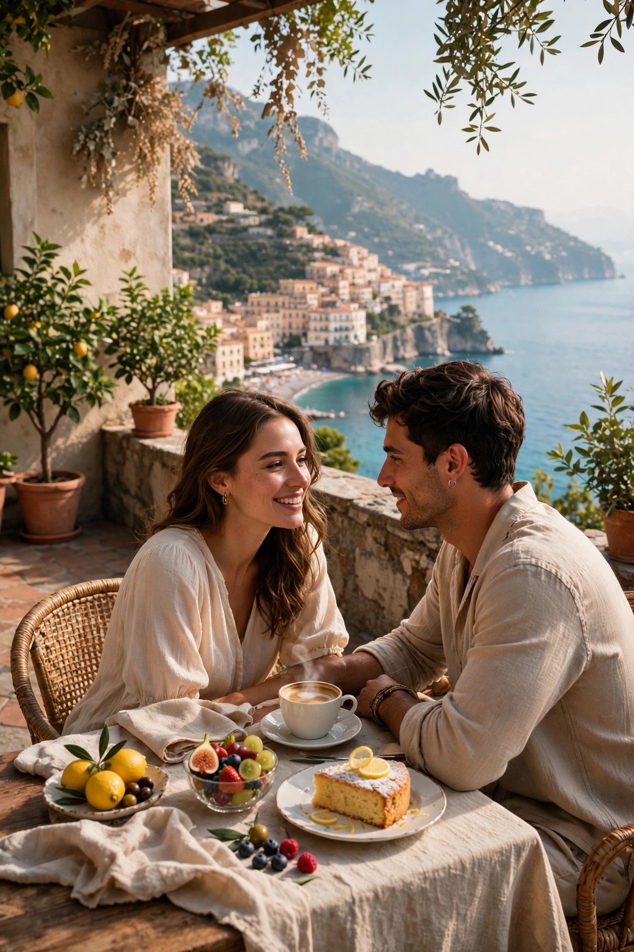 Couple sharing a slow terrace breakfast of coffee, fruit and lemon cake above the Amalfi Coast sea