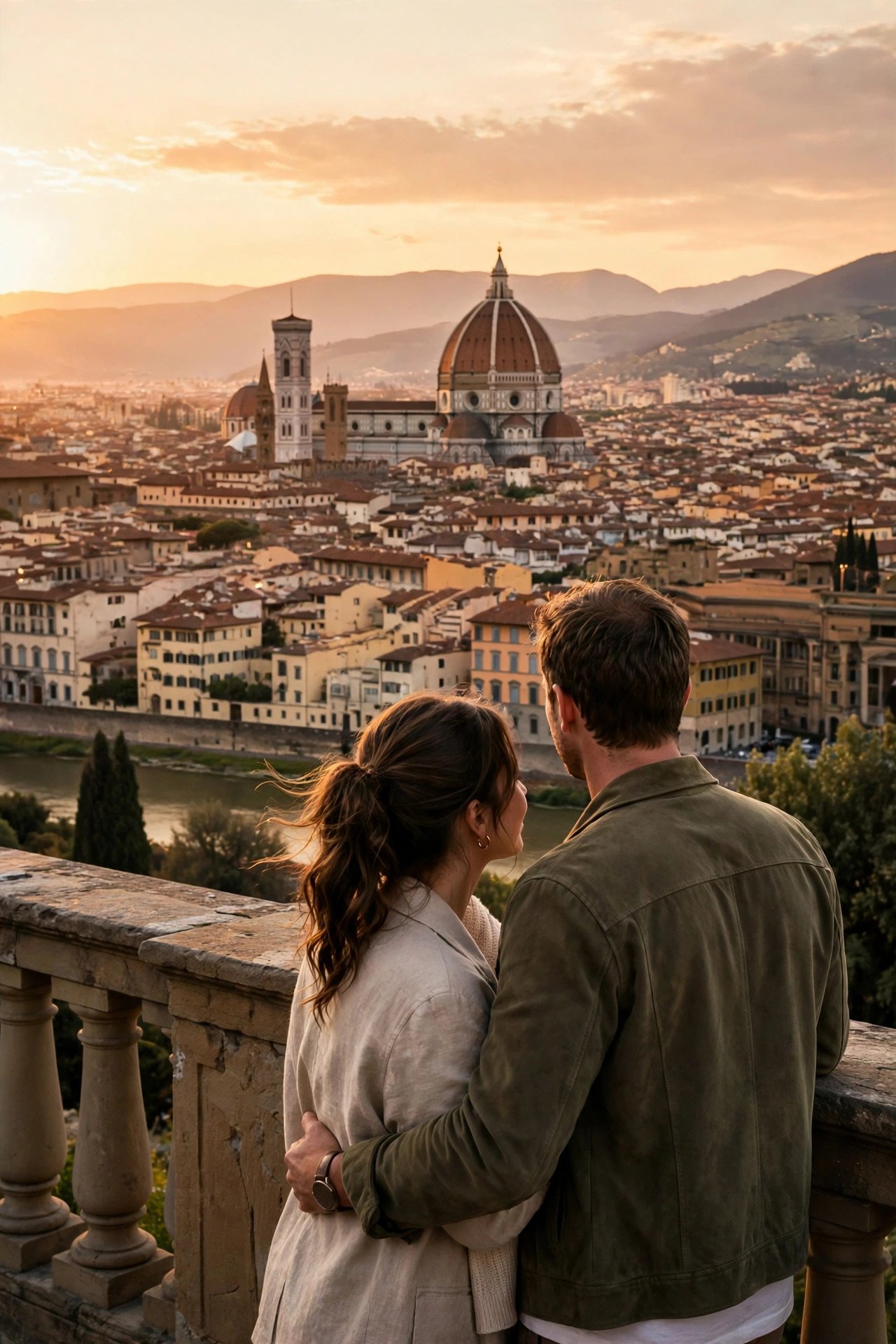 Couple watching the sunset over Florence's rooftops and Duomo from Piazzale Michelangelo