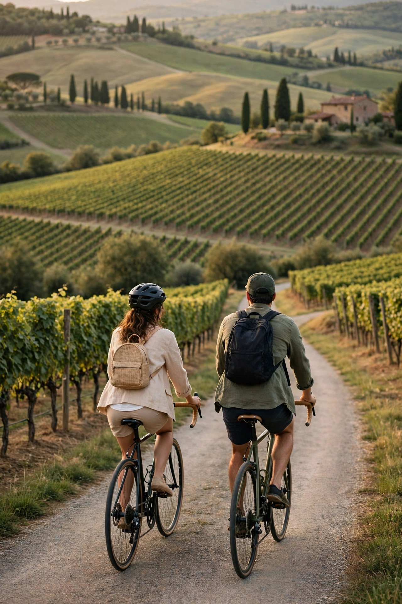 Couple cycling a quiet country road through the vineyard-covered Chianti hills in Tuscany