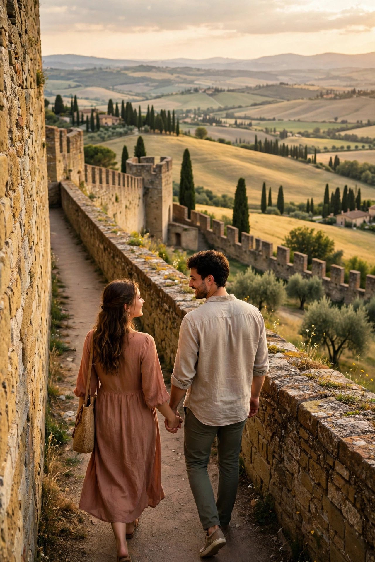Couple walking hand in hand along Pienza's town walls with views over the Val d'Orcia