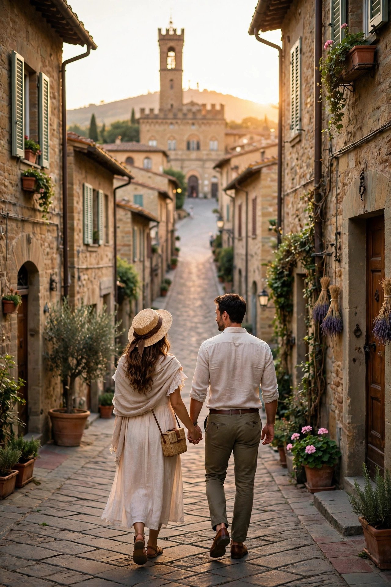 Couple strolling up the main street of Montepulciano toward the hilltop piazza