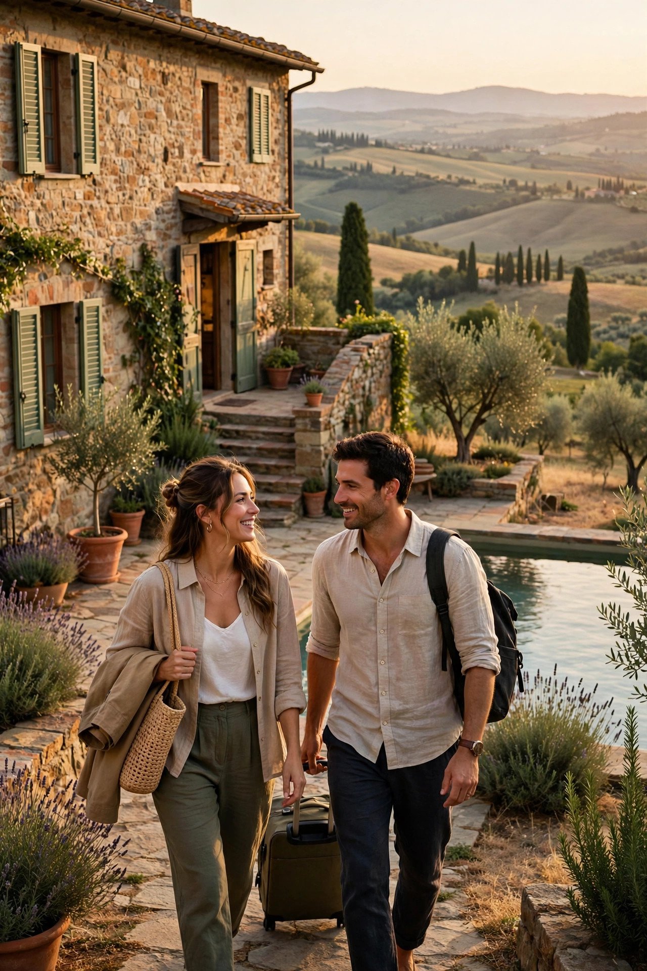 Couple arriving at a stone agriturismo farmhouse with a pool overlooking Tuscan hills