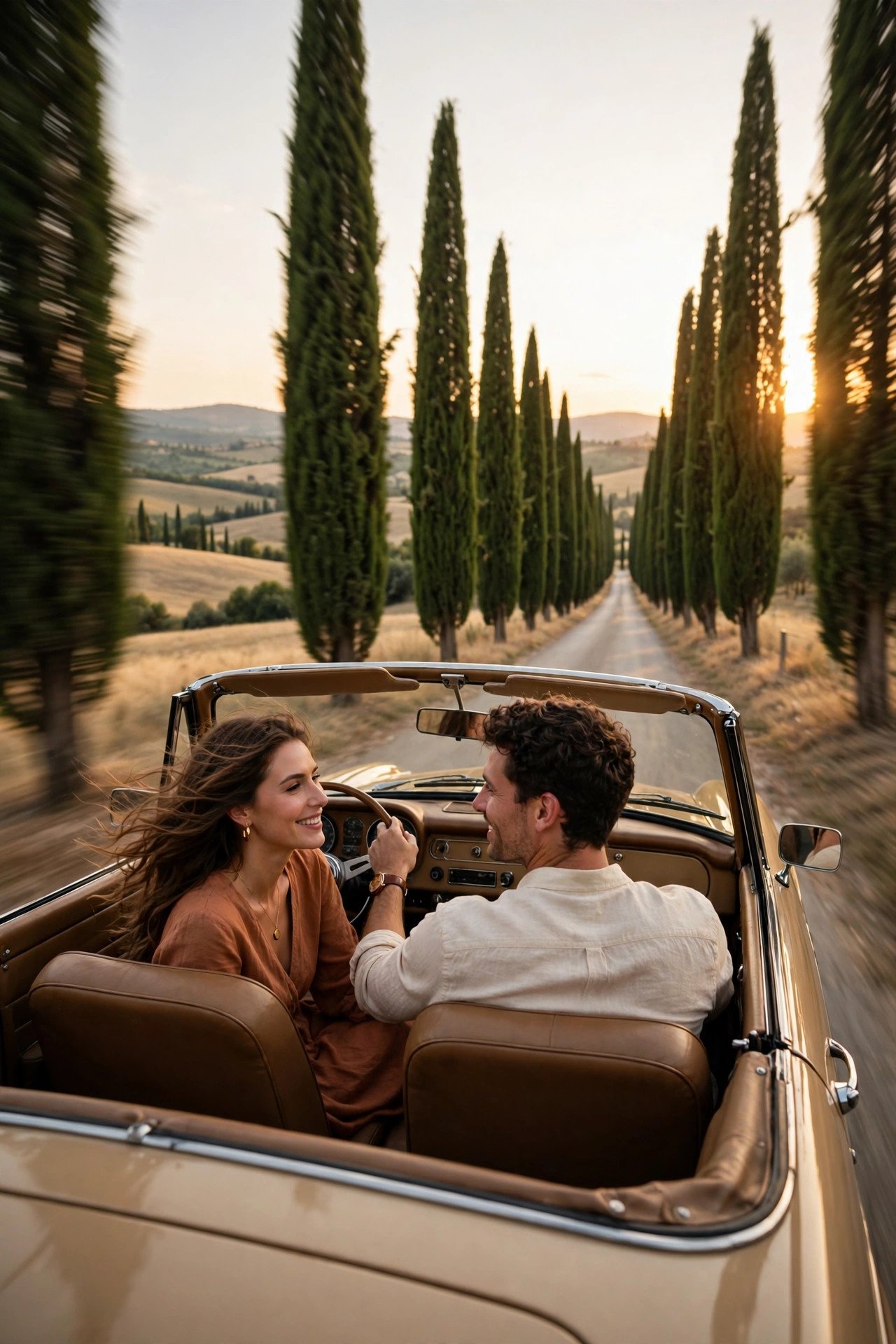 Couple driving a tree-lined cypress road in the Val d'Orcia in golden evening light