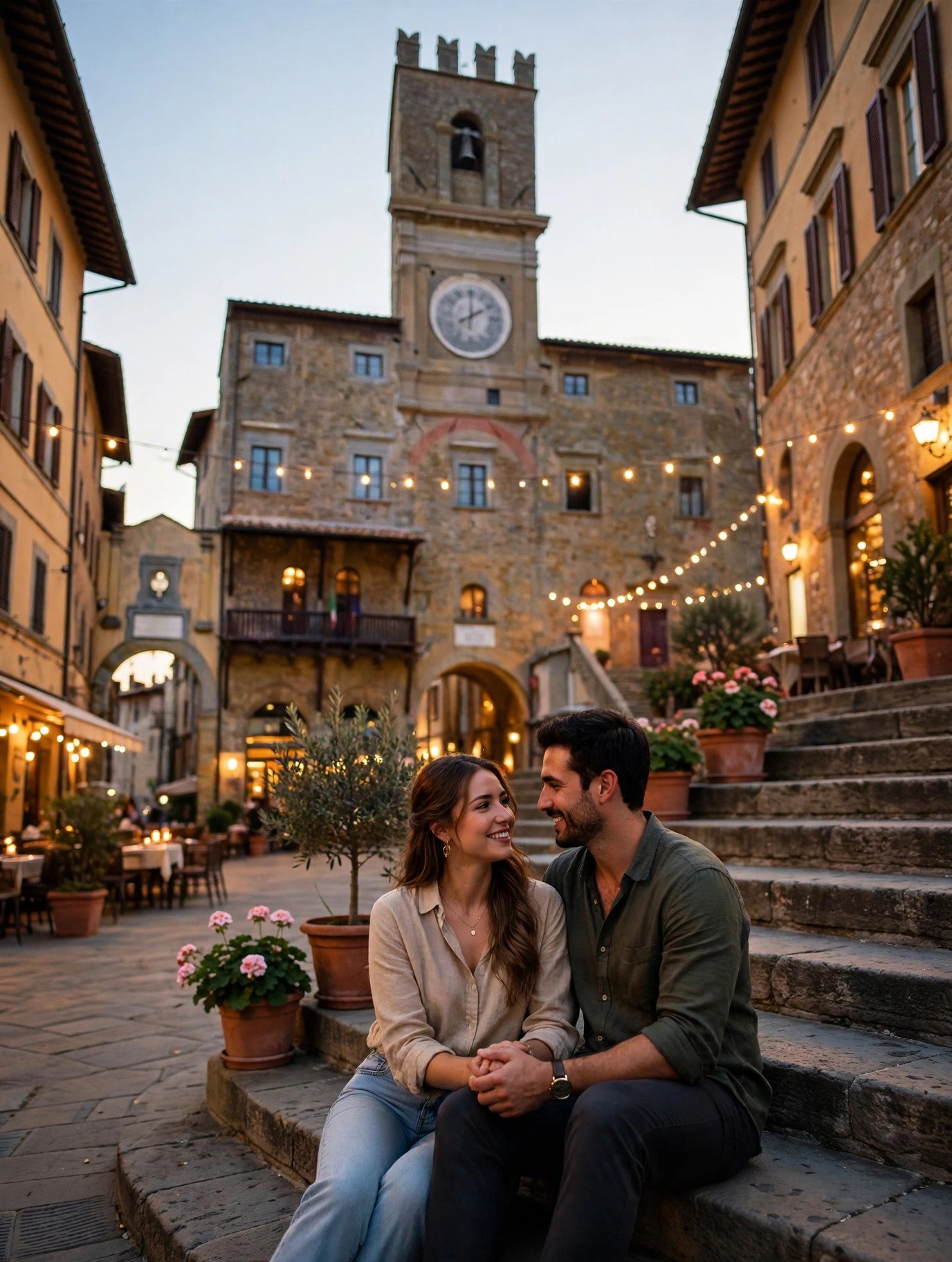 Couple enjoying the evening atmosphere in Cortona's main piazza with its medieval town hall steps