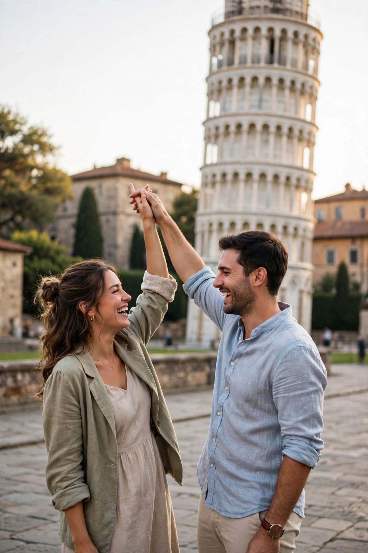 Couple laughing while taking the classic leaning photo at the Tower of Pisa