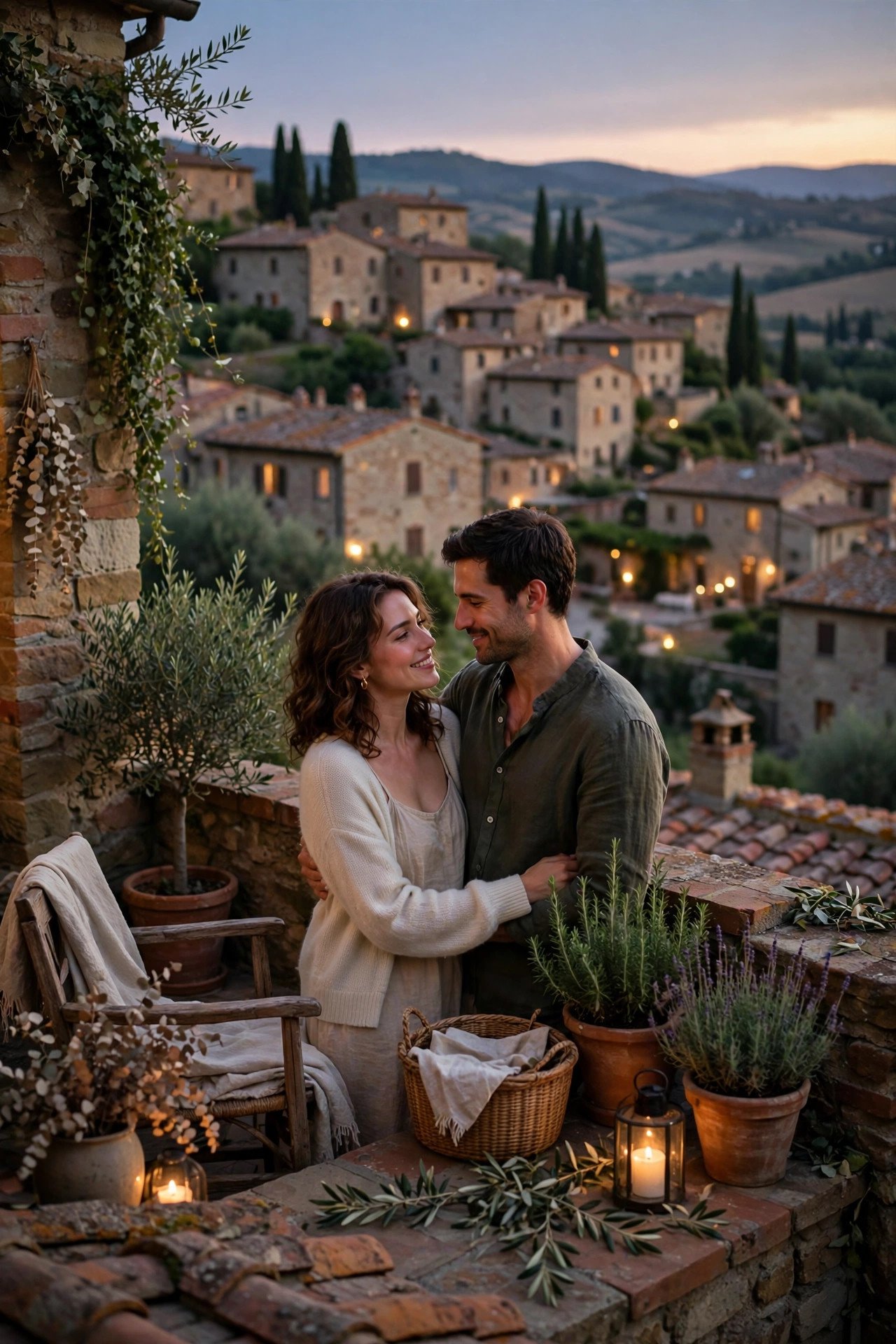Couple on the terrace of a boutique hotel inside a medieval Tuscan village at dusk