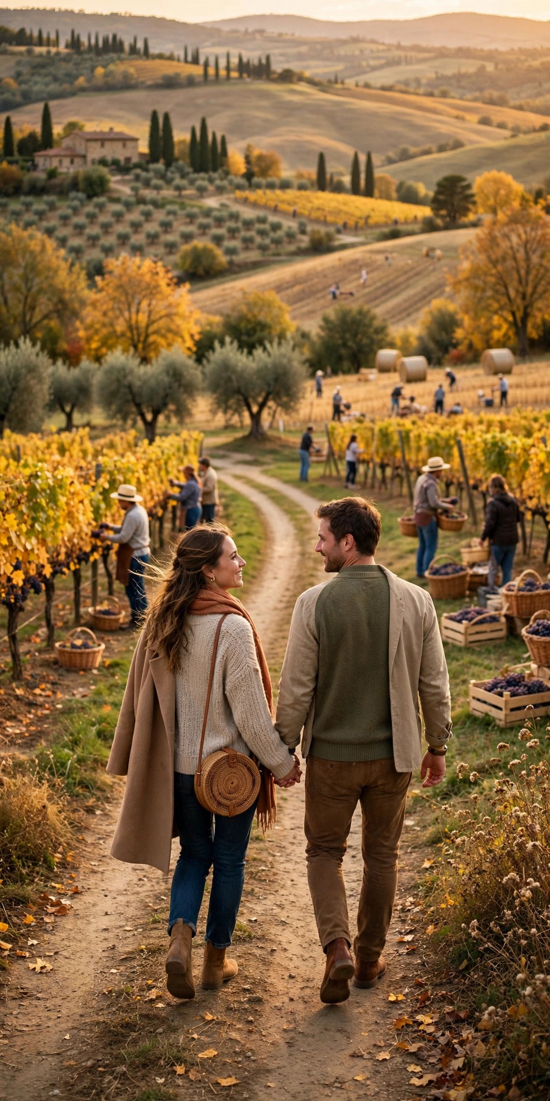 Couple walking through golden autumn countryside in Tuscany with harvest activity in nearby fields