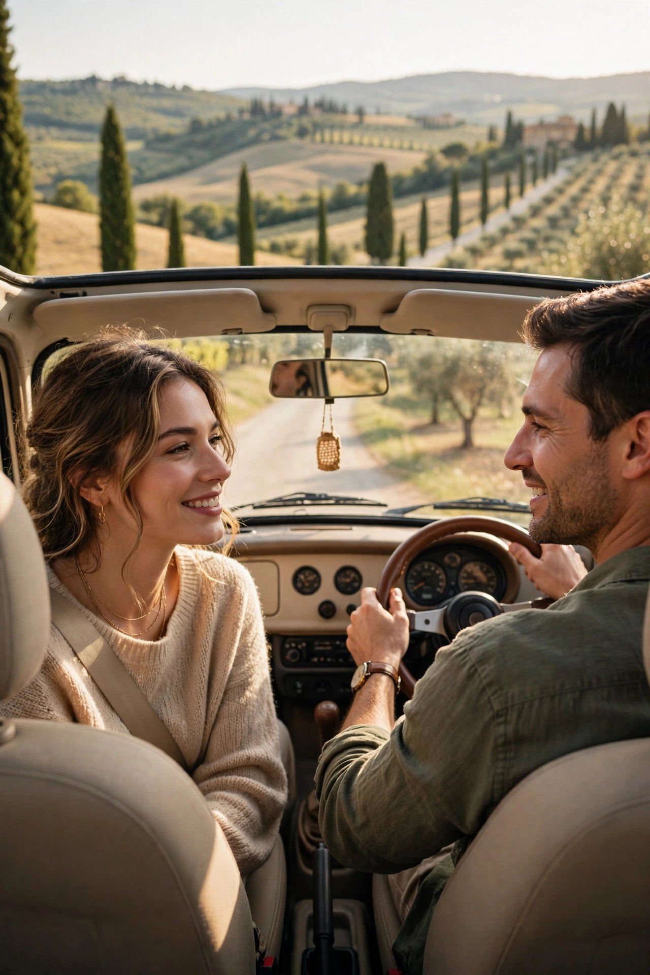 Couple on a scenic drive through Tuscany's rolling hills in a small rental car
