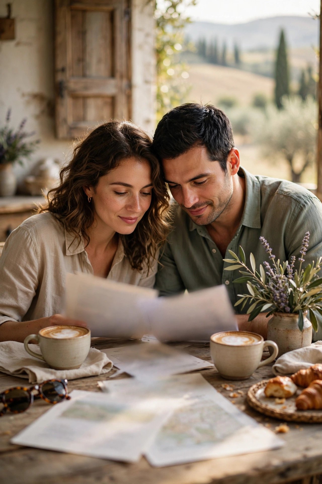 Couple reviewing their Tuscany honeymoon budget over coffee at a farmhouse table