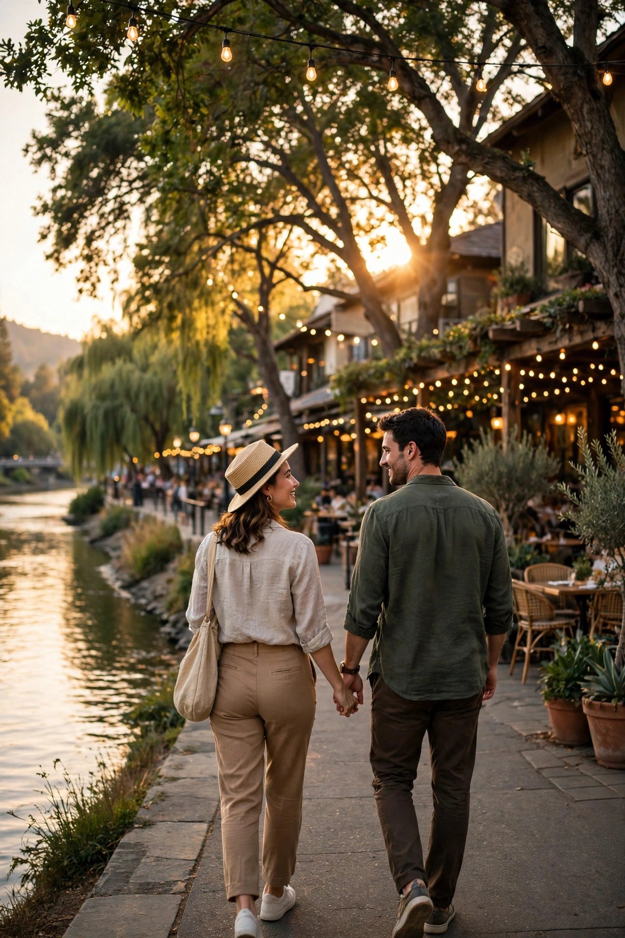 Couple strolling along the Napa riverfront promenade at golden hour with restaurants behind them