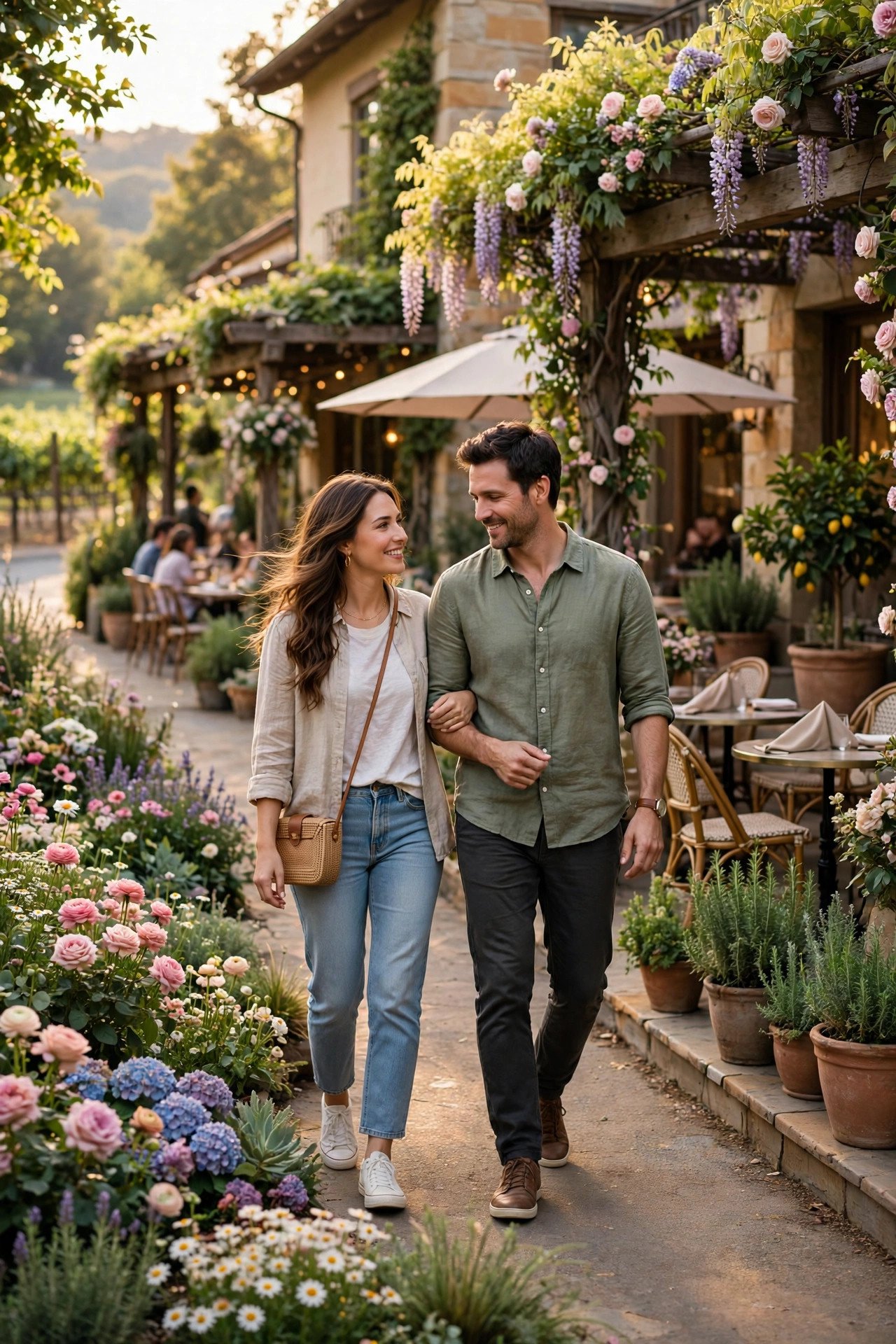 Couple walking past flower-filled gardens and celebrated restaurant terraces in Yountville