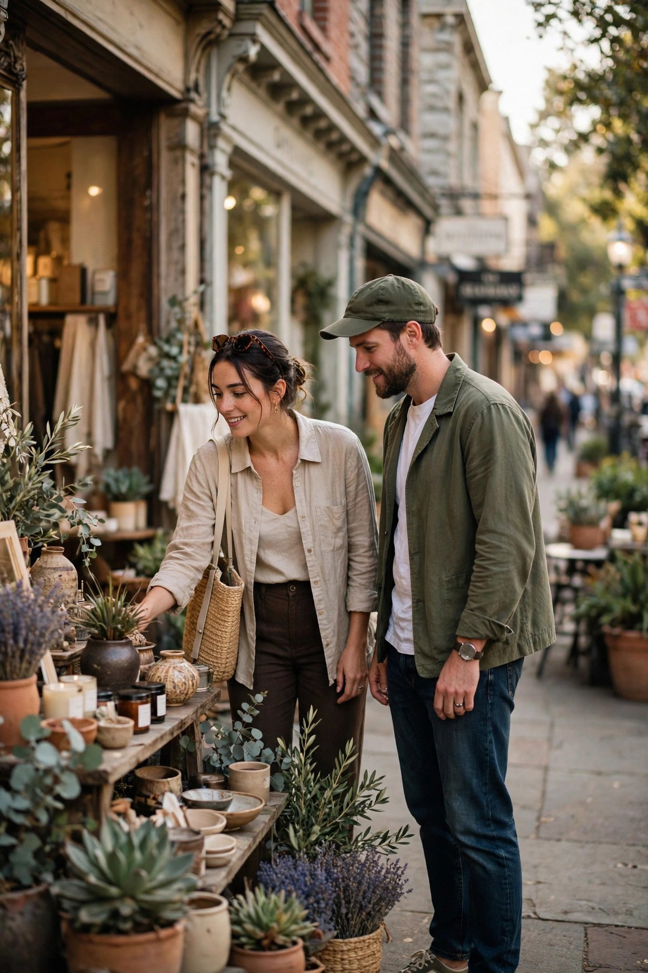Couple browsing boutiques along the historic Main Street of St. Helena in Napa Valley