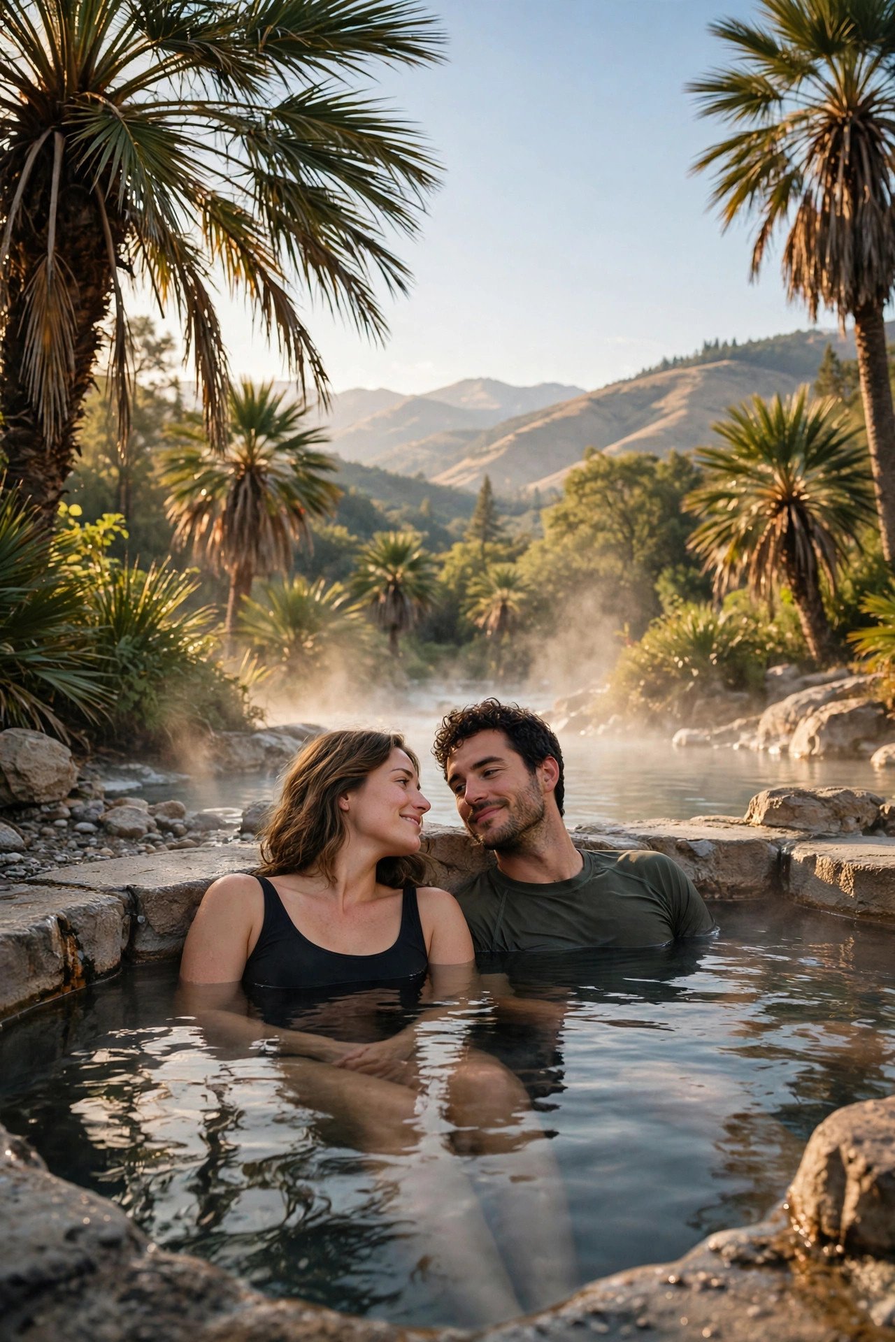 Couple relaxing in a steaming geothermal pool in Calistoga beneath palm trees and mountain views