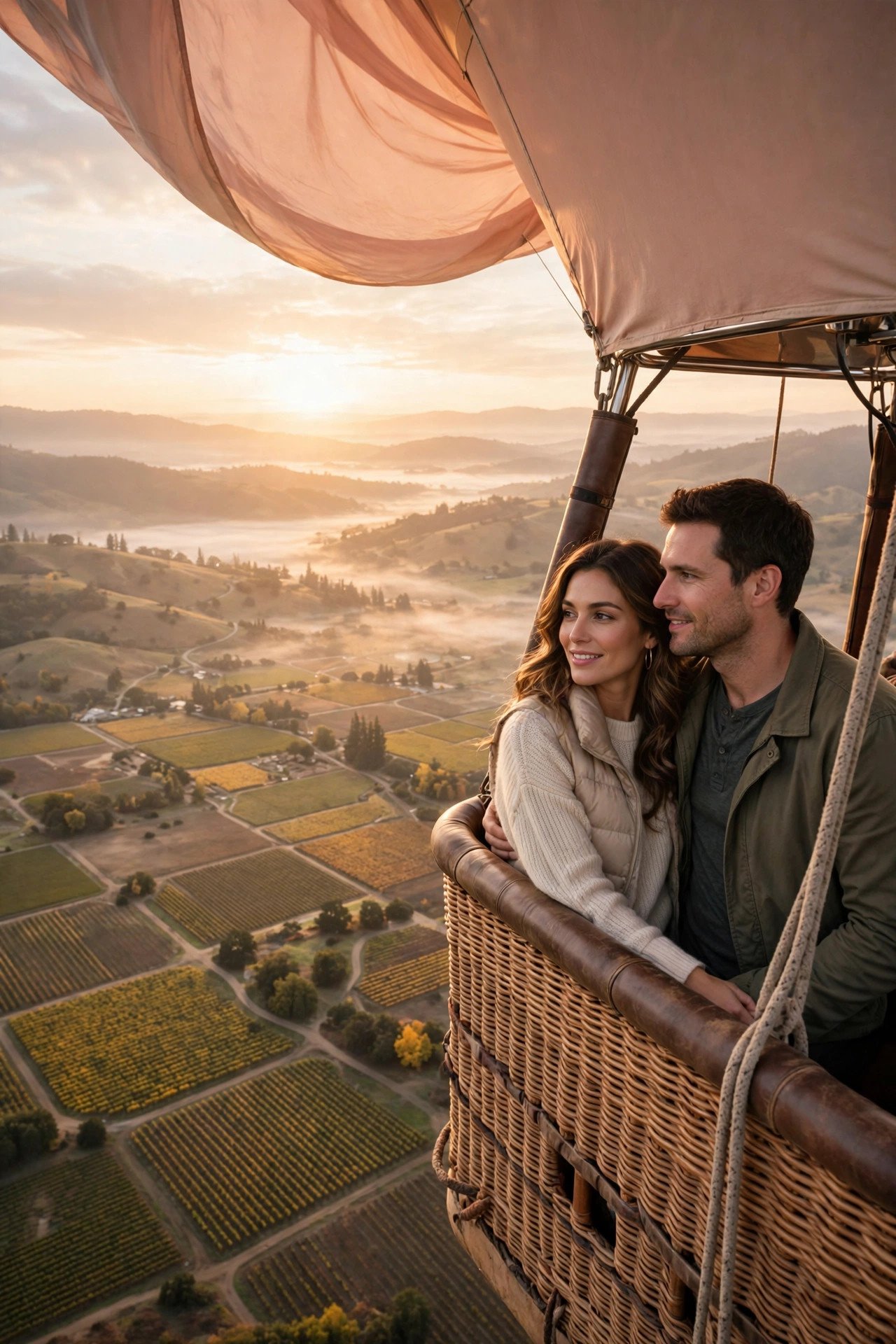 Couple in a hot-air balloon floating over Napa Valley's patchwork vineyard rows at sunrise