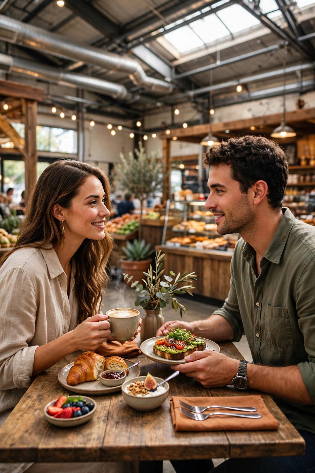 Couple sharing breakfast and coffee at the Oxbow Public Market food hall in Napa