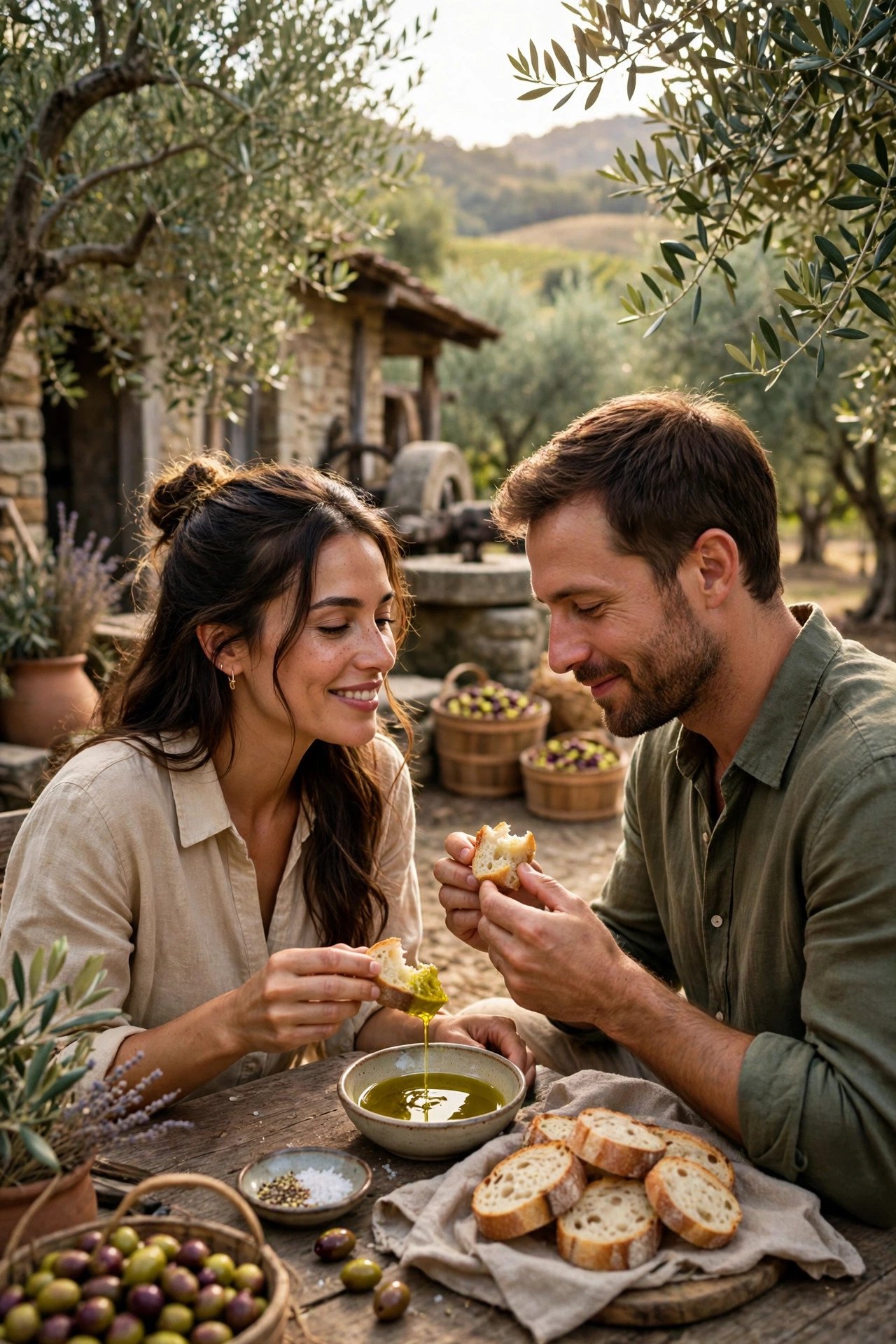 Couple sampling fresh olive oil with bread at a Napa Valley olive mill surrounded by olive trees