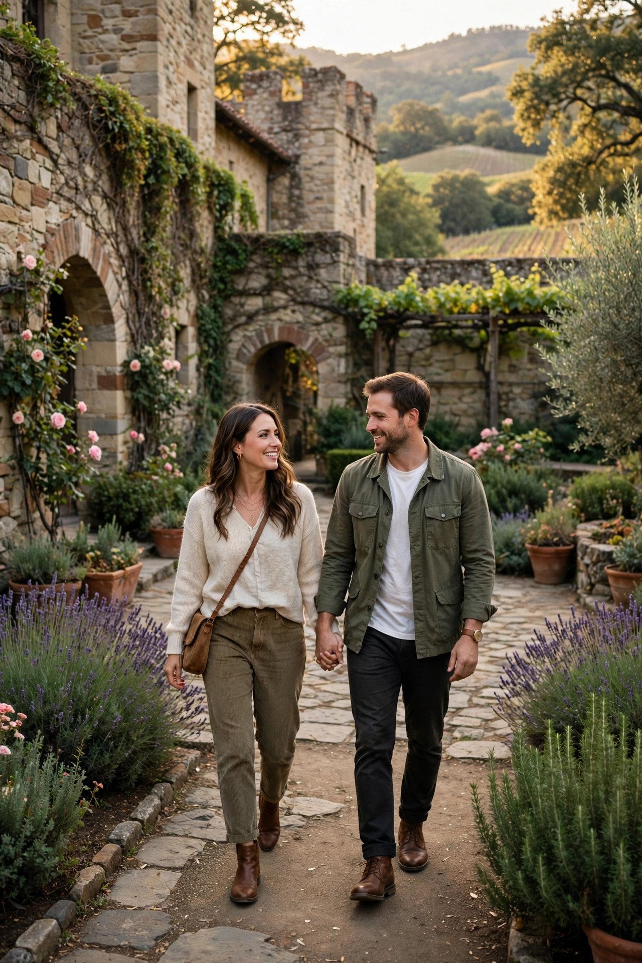 Couple walking the courtyards and gardens of a medieval-style stone castle estate in Napa Valley