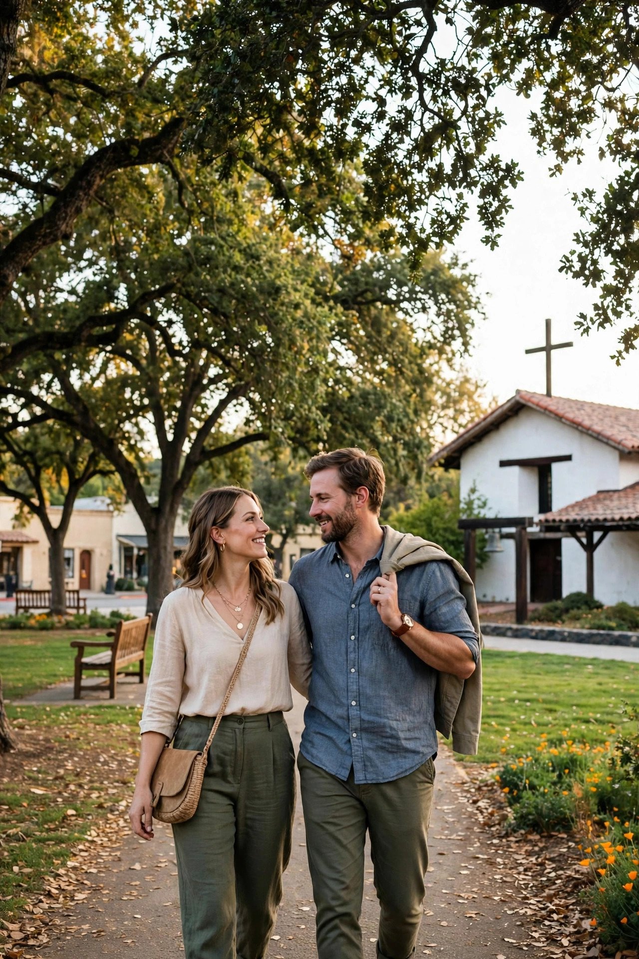 Couple strolling around Sonoma Plaza with its historic mission and shady park in California