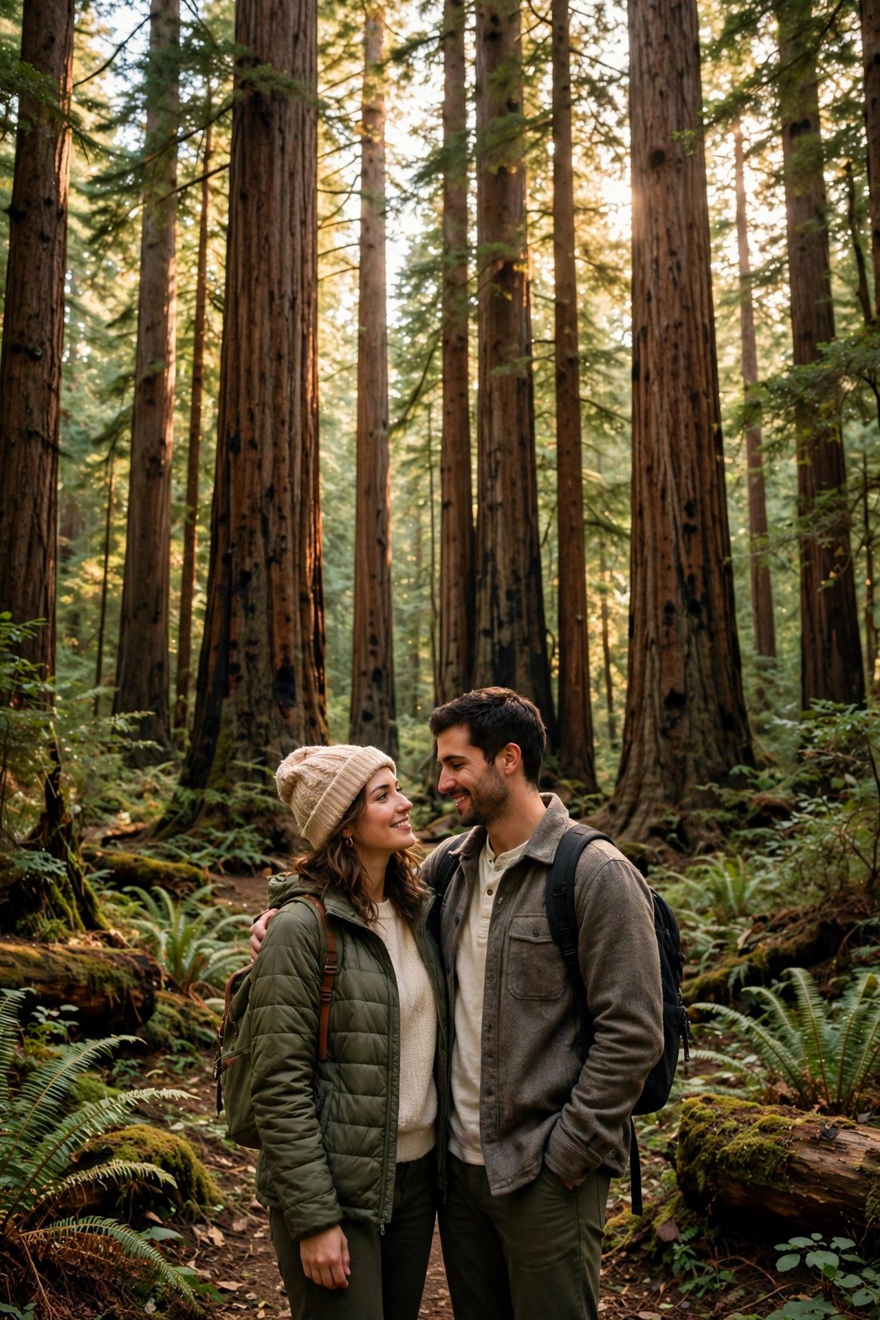 Couple standing among towering old-growth redwood trees in Armstrong Redwoods State Natural Reserve