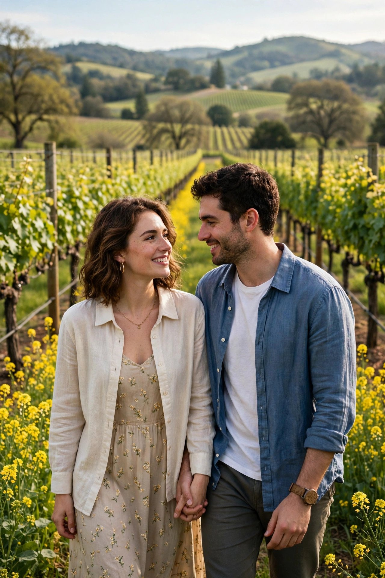 Couple enjoying a spring day in Napa Valley with mustard flowers blooming between vineyard rows
