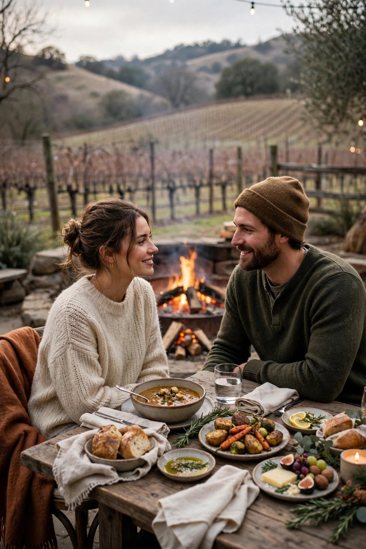 Couple enjoying a cozy fireside dinner in Napa Valley during the quiet winter season