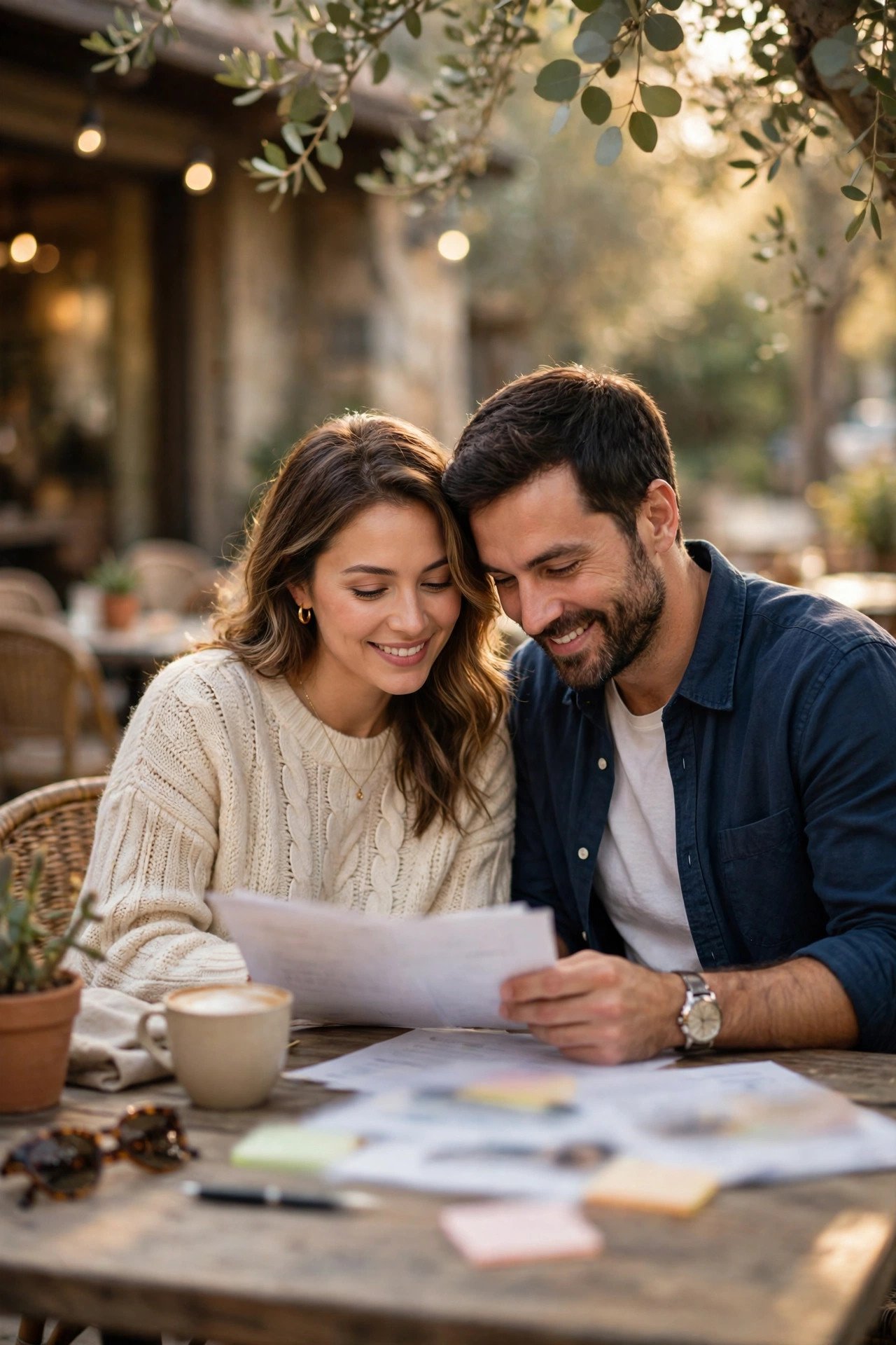 Couple reviewing their Napa Valley honeymoon budget at a café table in Yountville