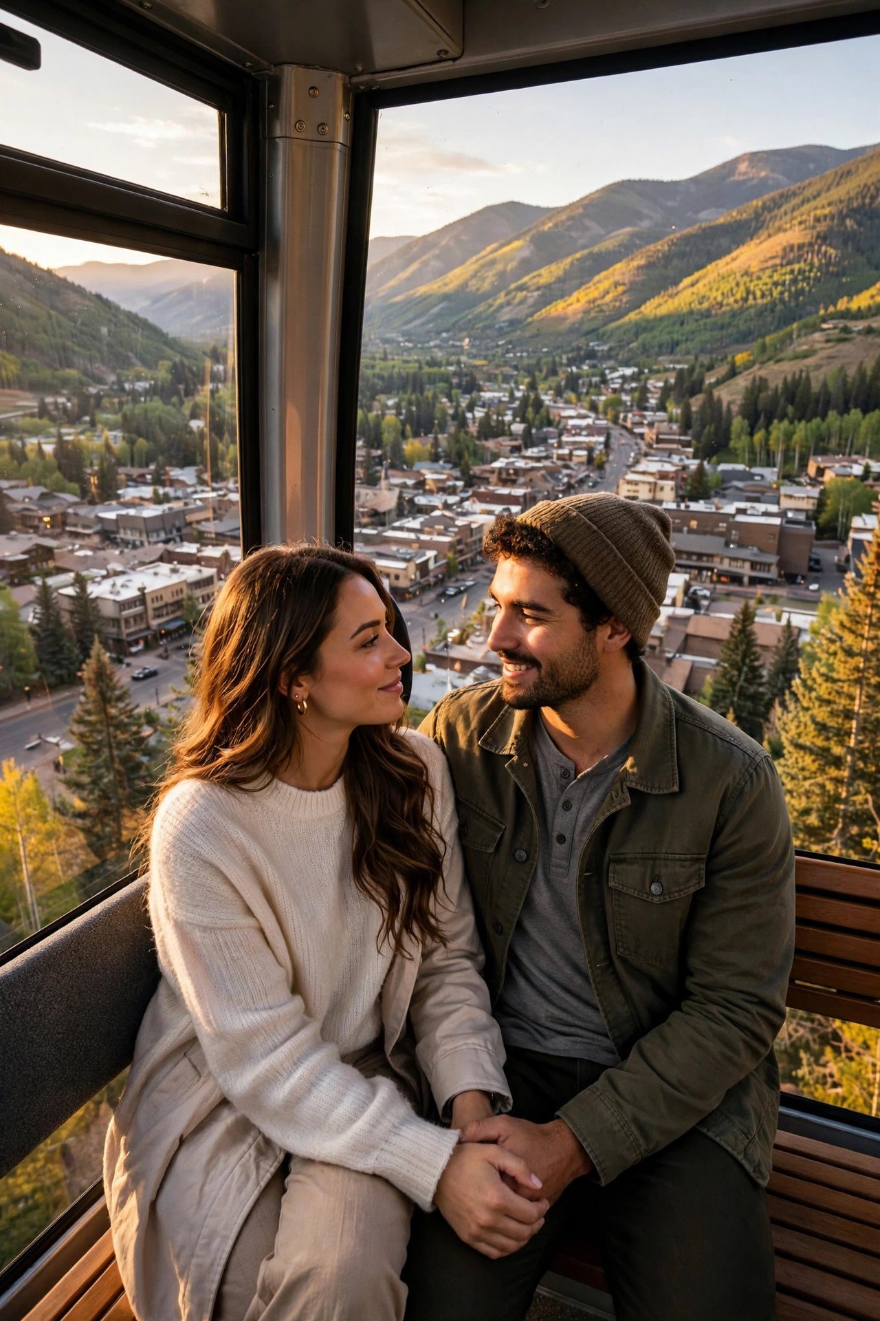 Couple riding the Silver Queen Gondola up Aspen Mountain above the town rooftops