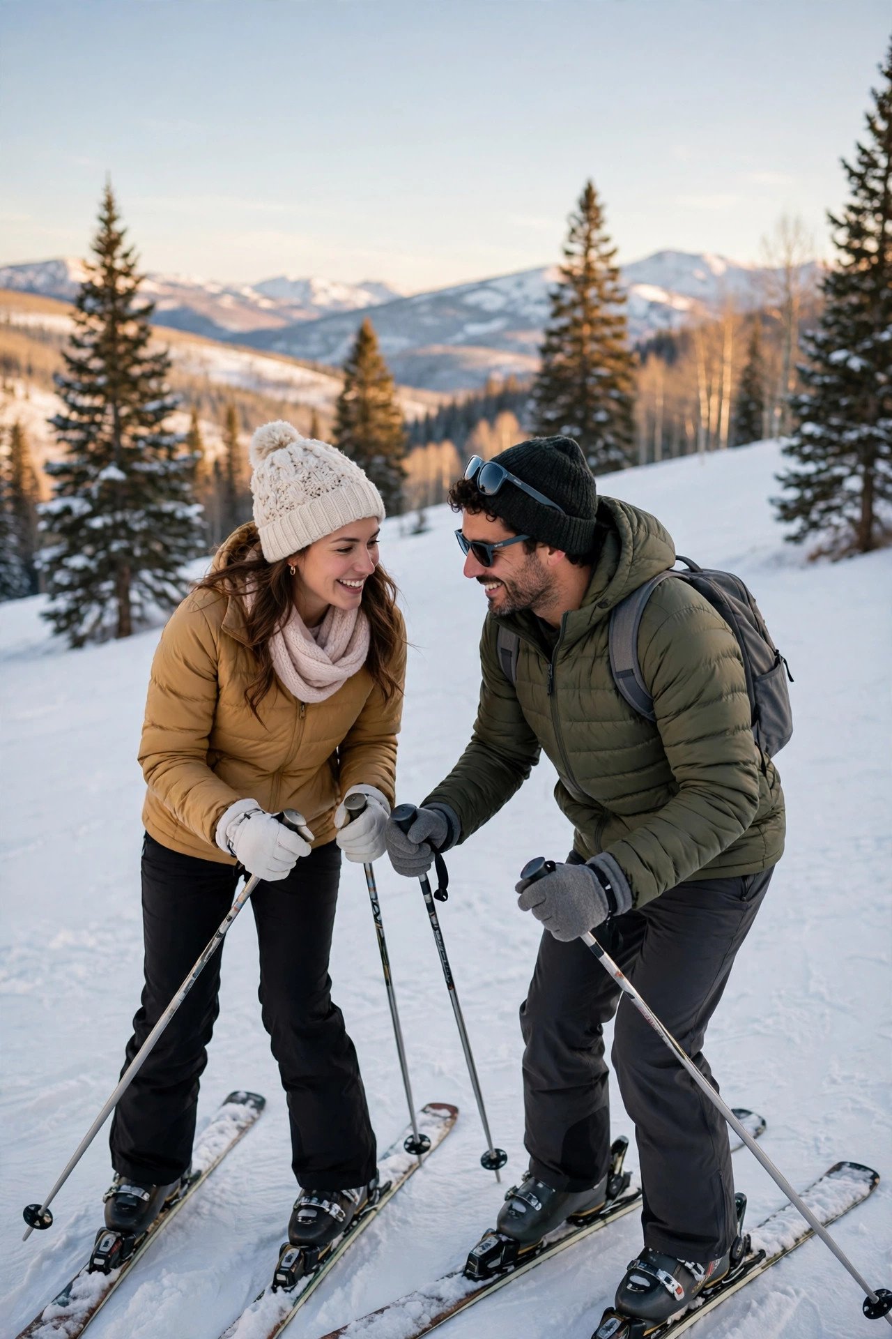 Couple taking a beginner ski lesson together on the gentle slopes of Buttermilk mountain