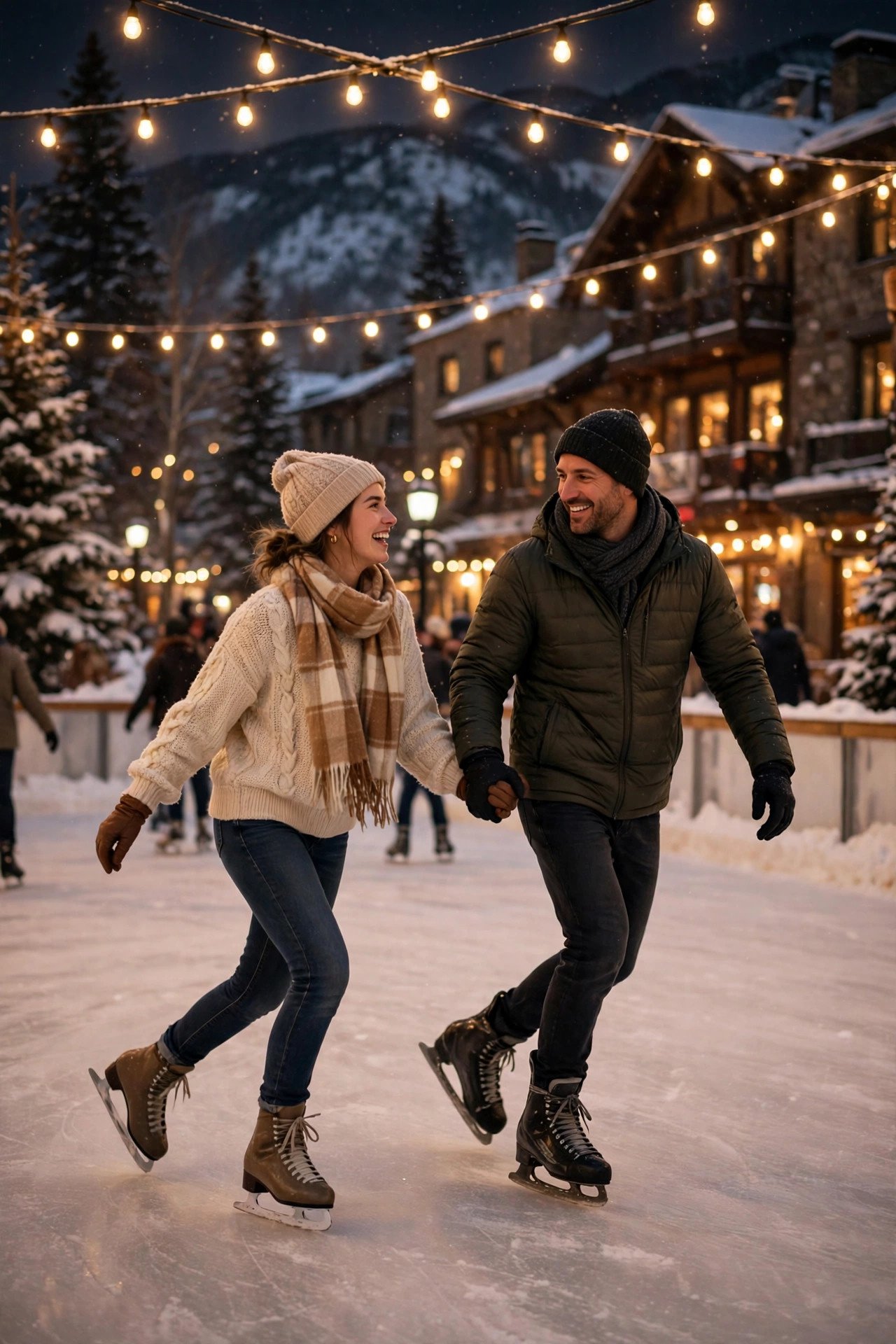 Couple ice skating together at an outdoor rink in downtown Aspen beneath string lights
