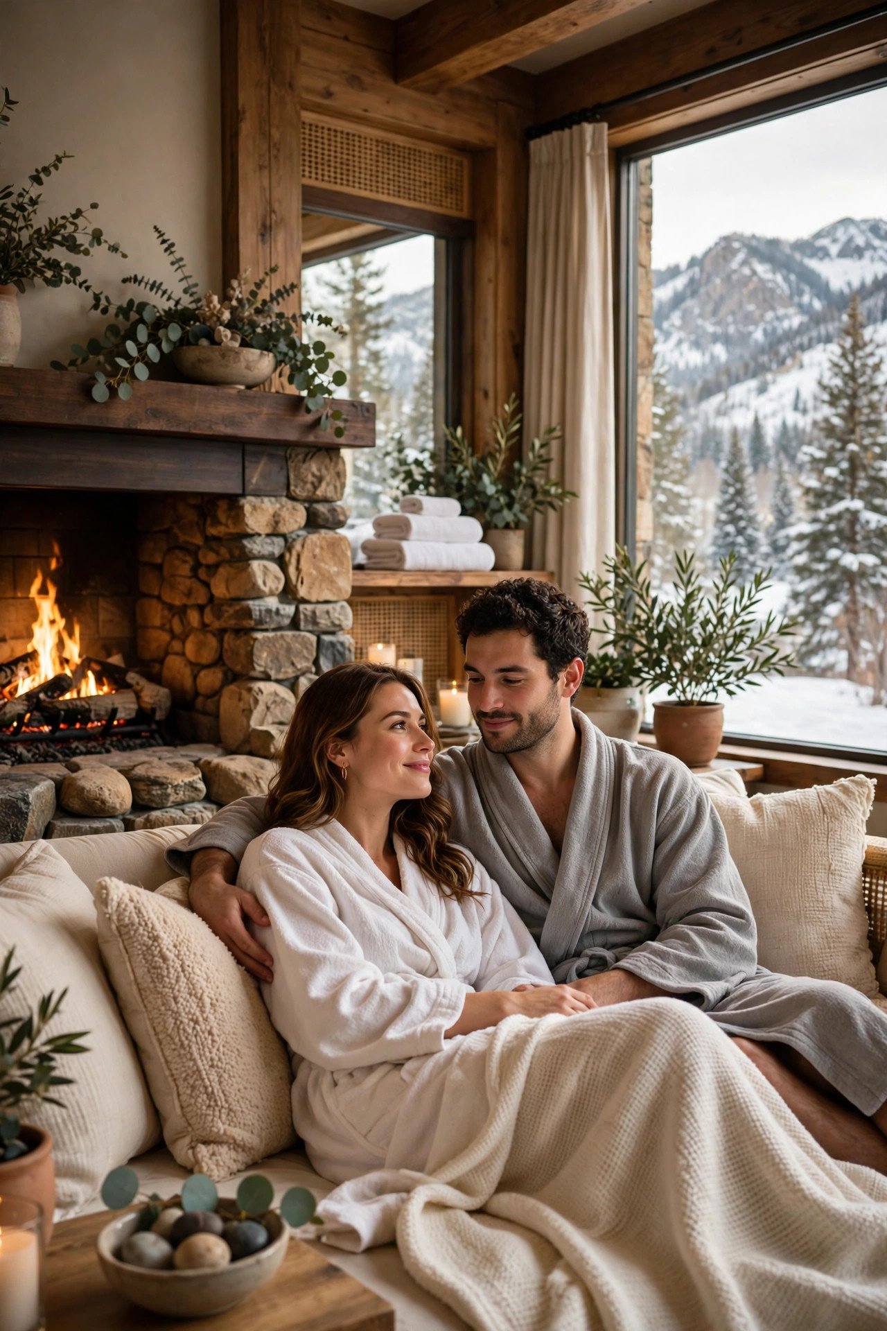 Couple relaxing in a serene spa lounge with a fireplace after massages in Aspen