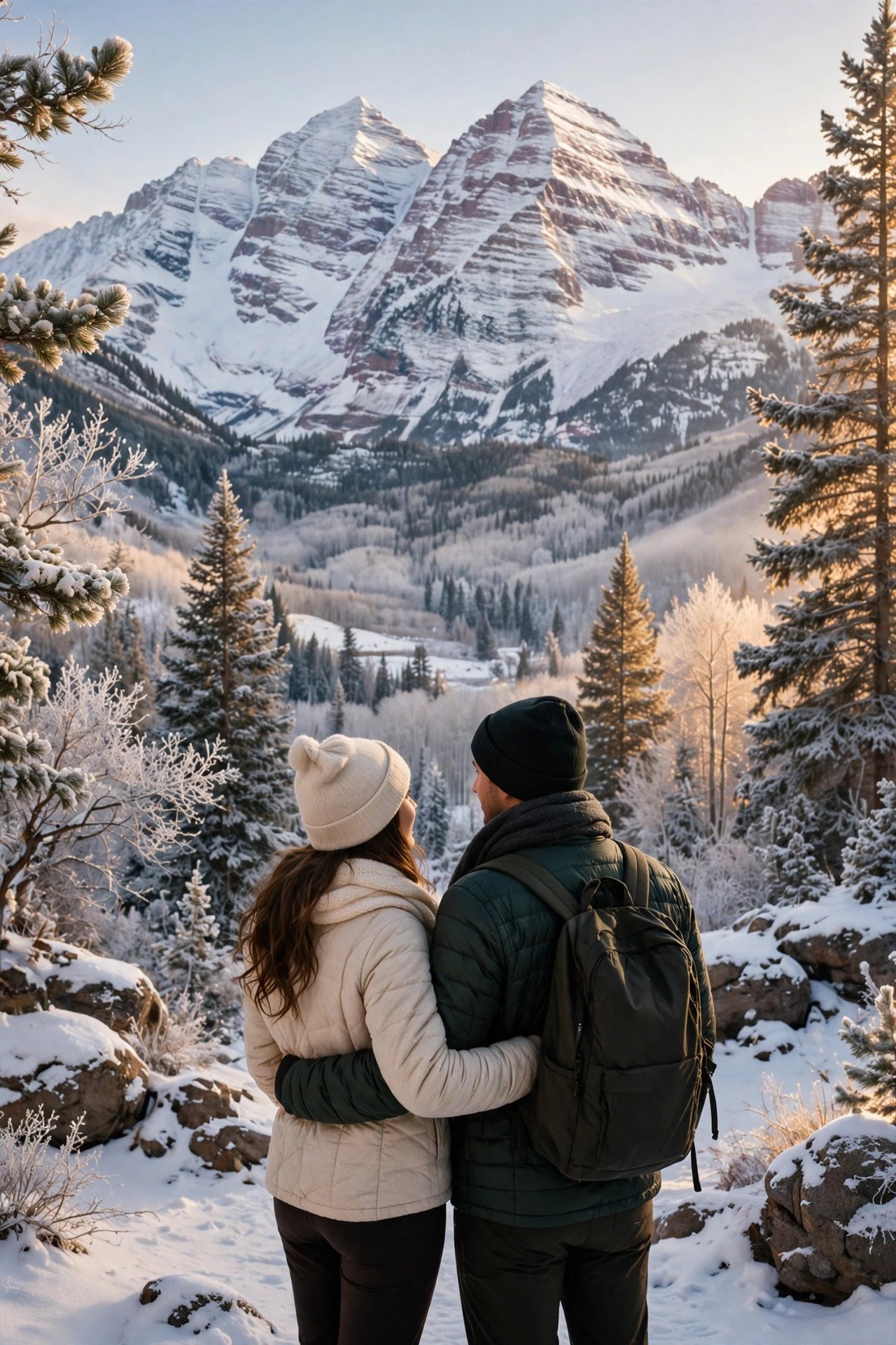 Couple viewing the snow-covered Maroon Bells peaks from a winter viewpoint near Aspen