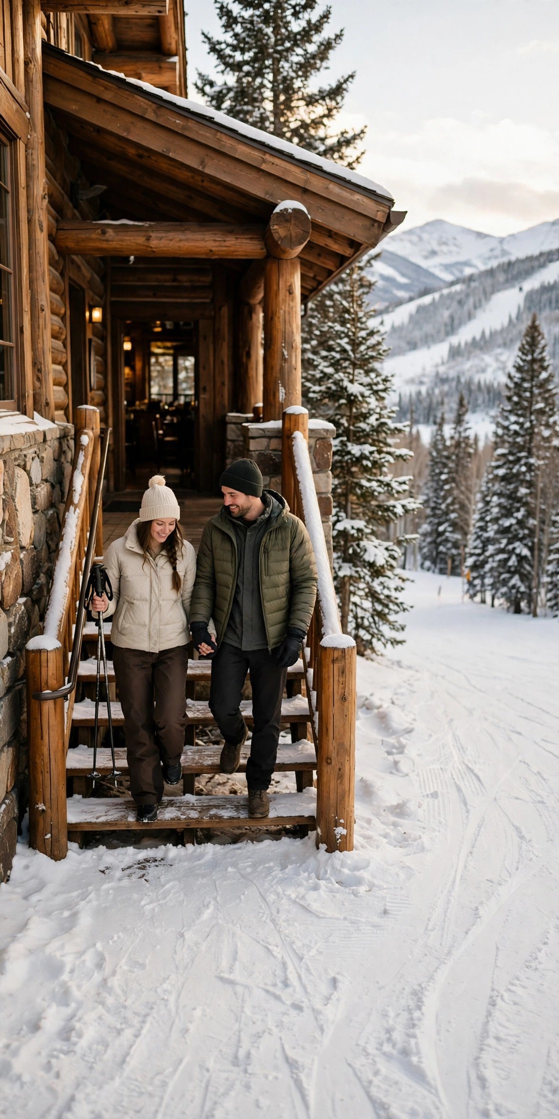 Couple walking from their slope-side lodge straight onto the ski run in Aspen