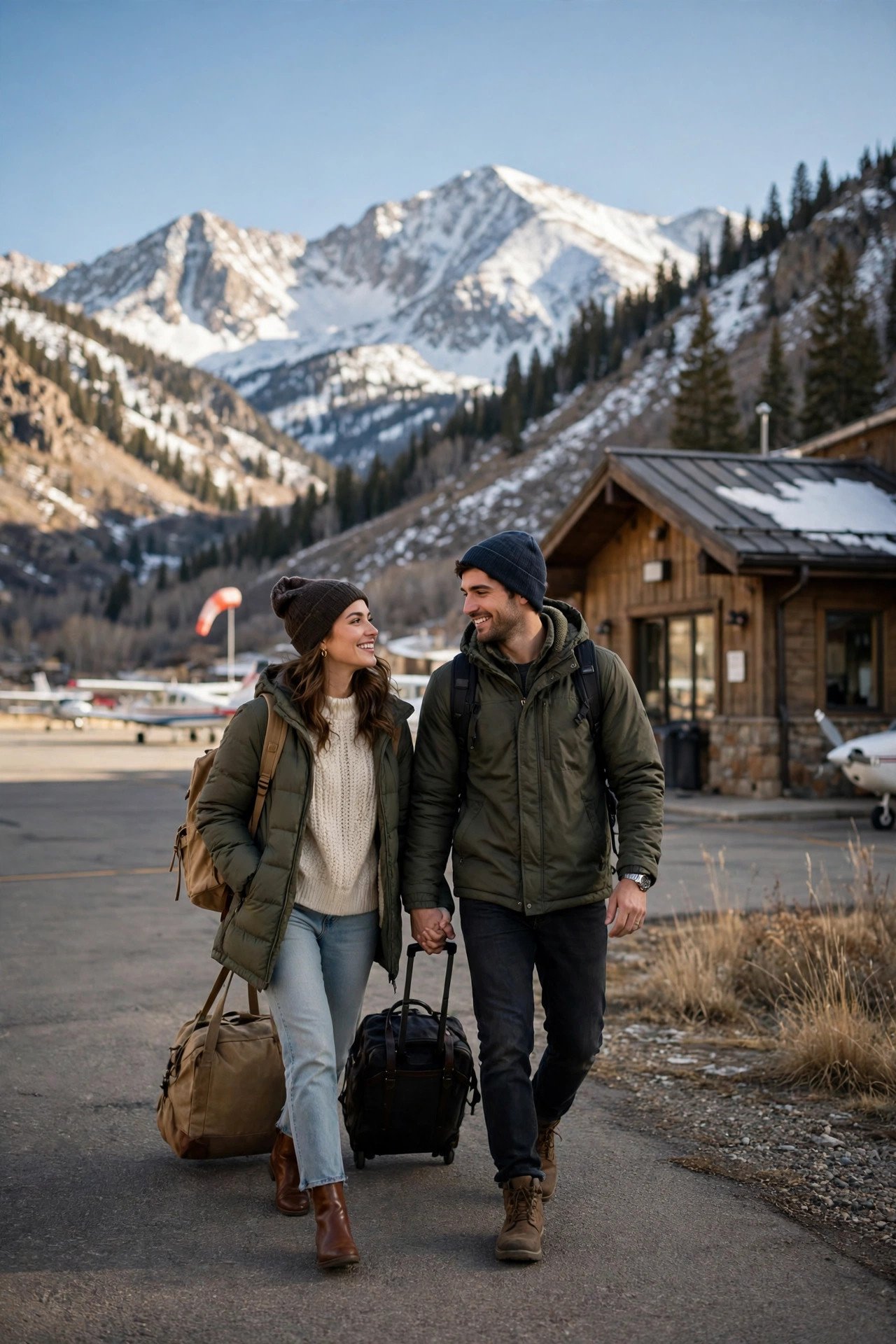 Couple arriving at a small mountain airport near Aspen with snowy peaks in the background