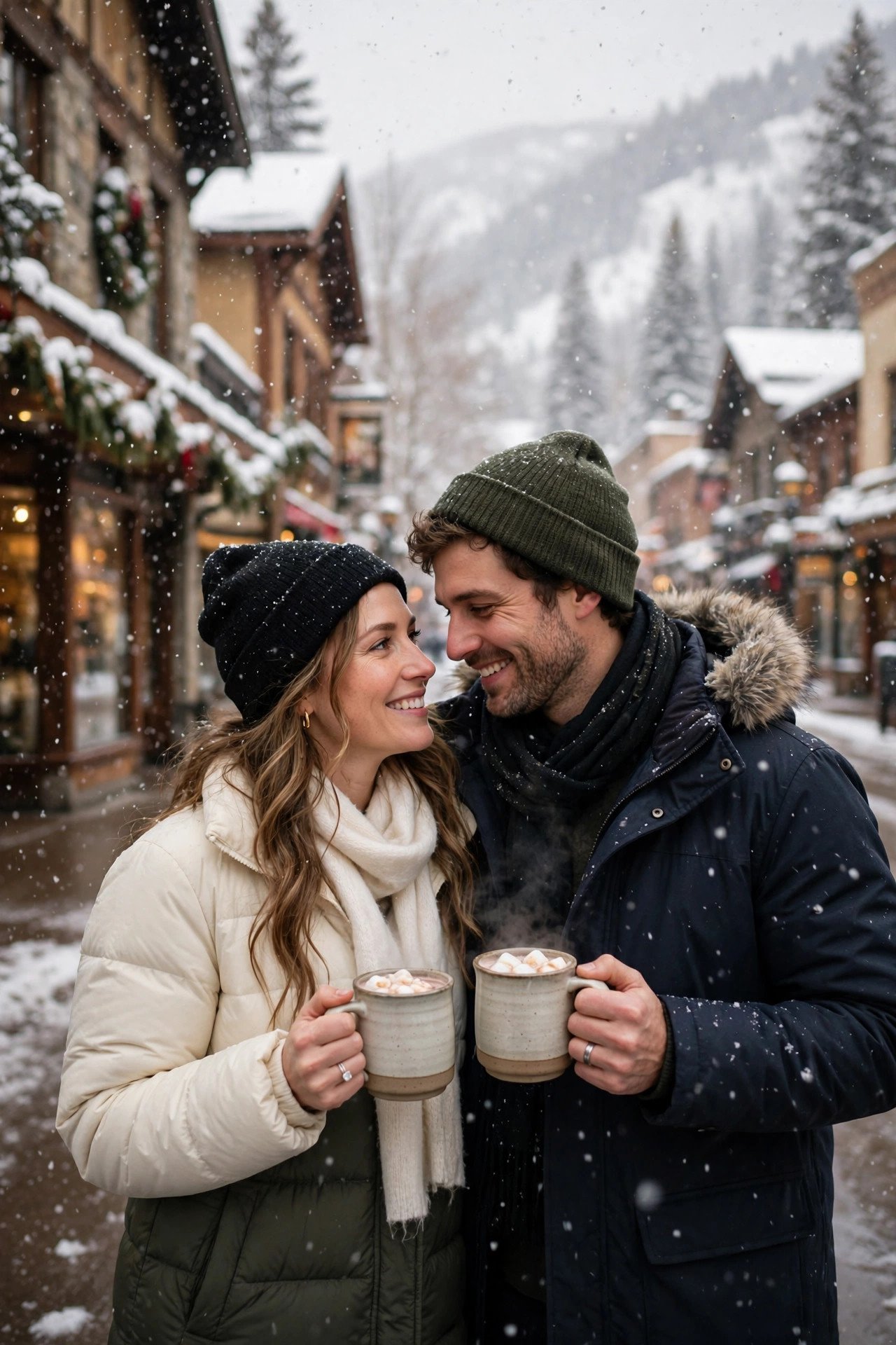 Newlywed couple in winter coats holding mugs of hot cocoa beneath falling snow in downtown Aspen, Colorado