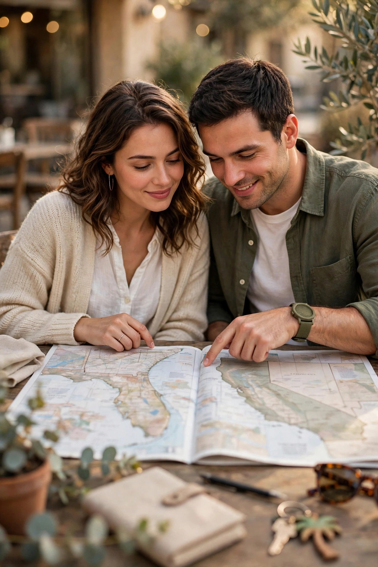 Couple comparing maps of Walt Disney World in Florida and Disneyland in California for their honeymoon
