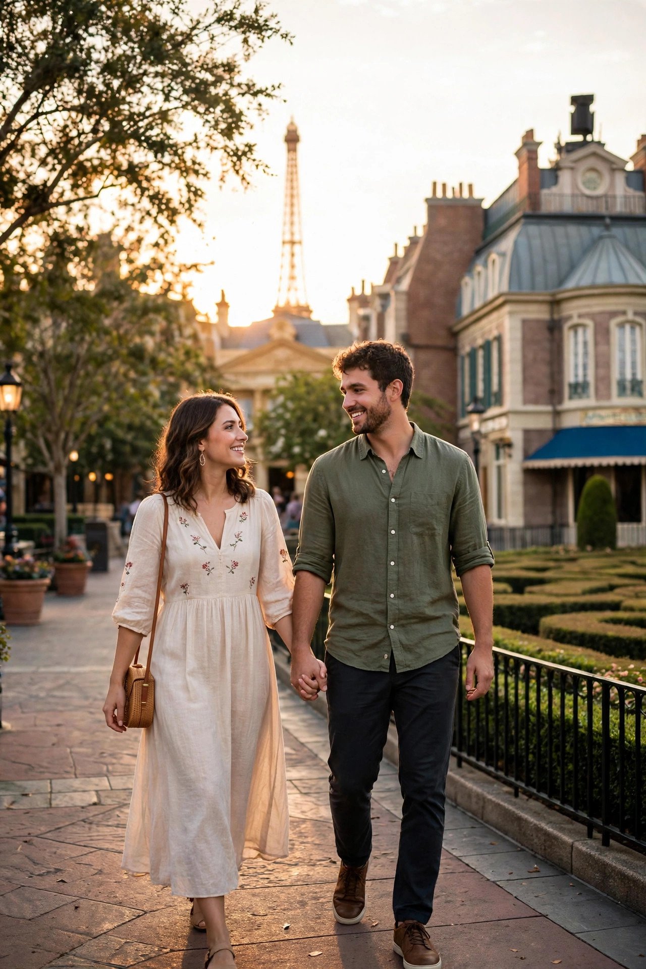 Couple strolling hand in hand past the France pavilion in EPCOT's World Showcase at golden hour