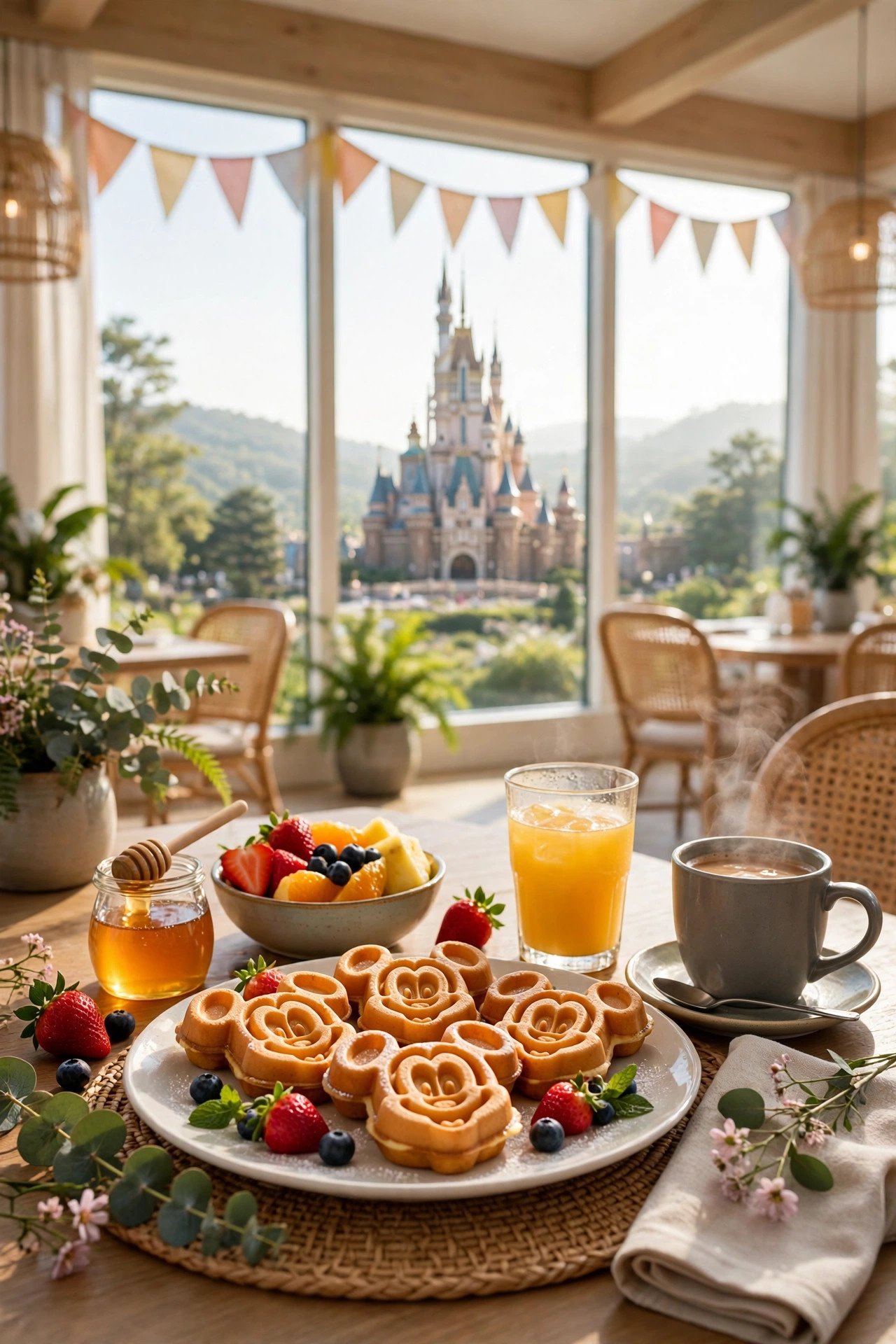 Couple laughing while hugging Mickey Mouse at a character breakfast during their honeymoon