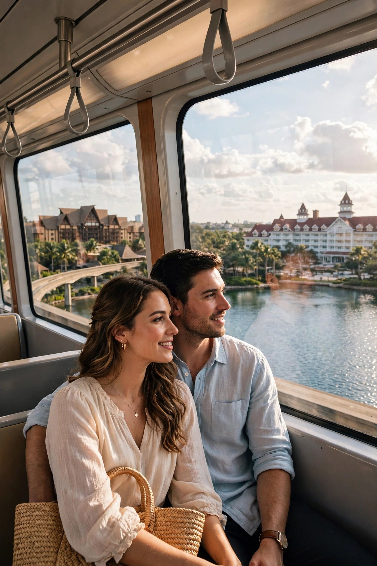 Couple riding the monorail between grand resort hotels around the Seven Seas Lagoon