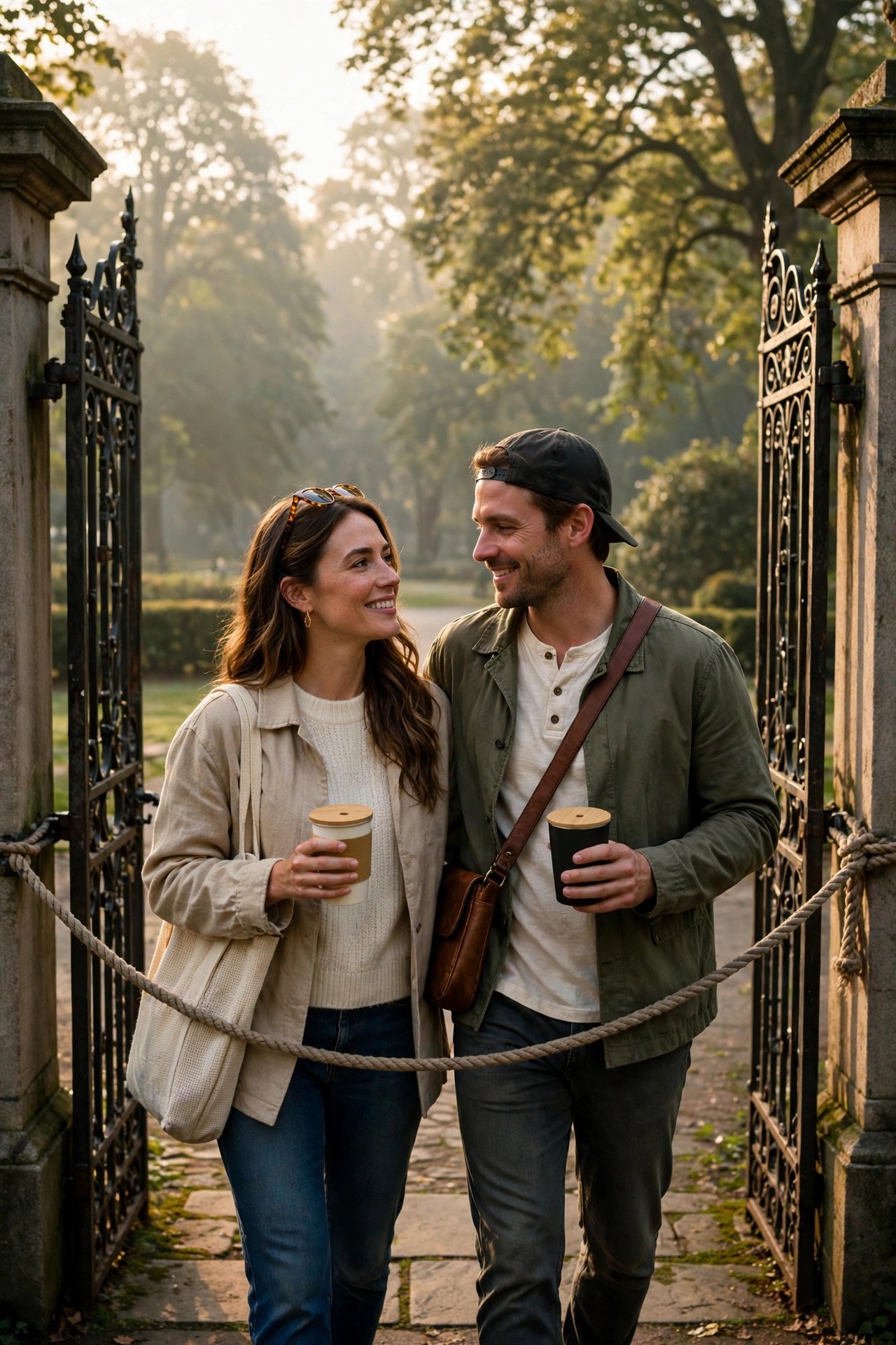 Couple arriving at the park gates early for rope drop with coffee in hand