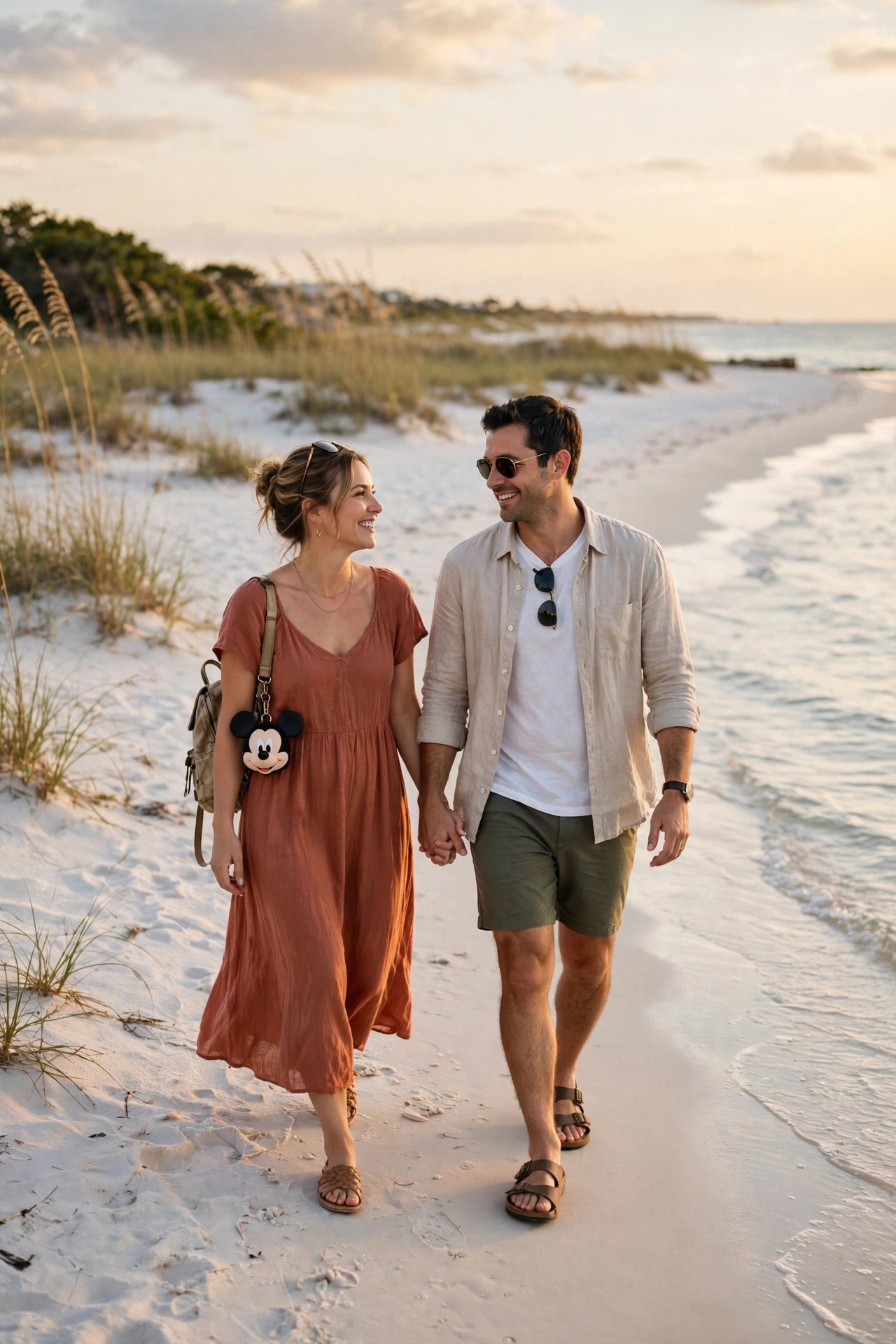 Couple walking a white sand Gulf Coast beach in Florida after their Disney park days