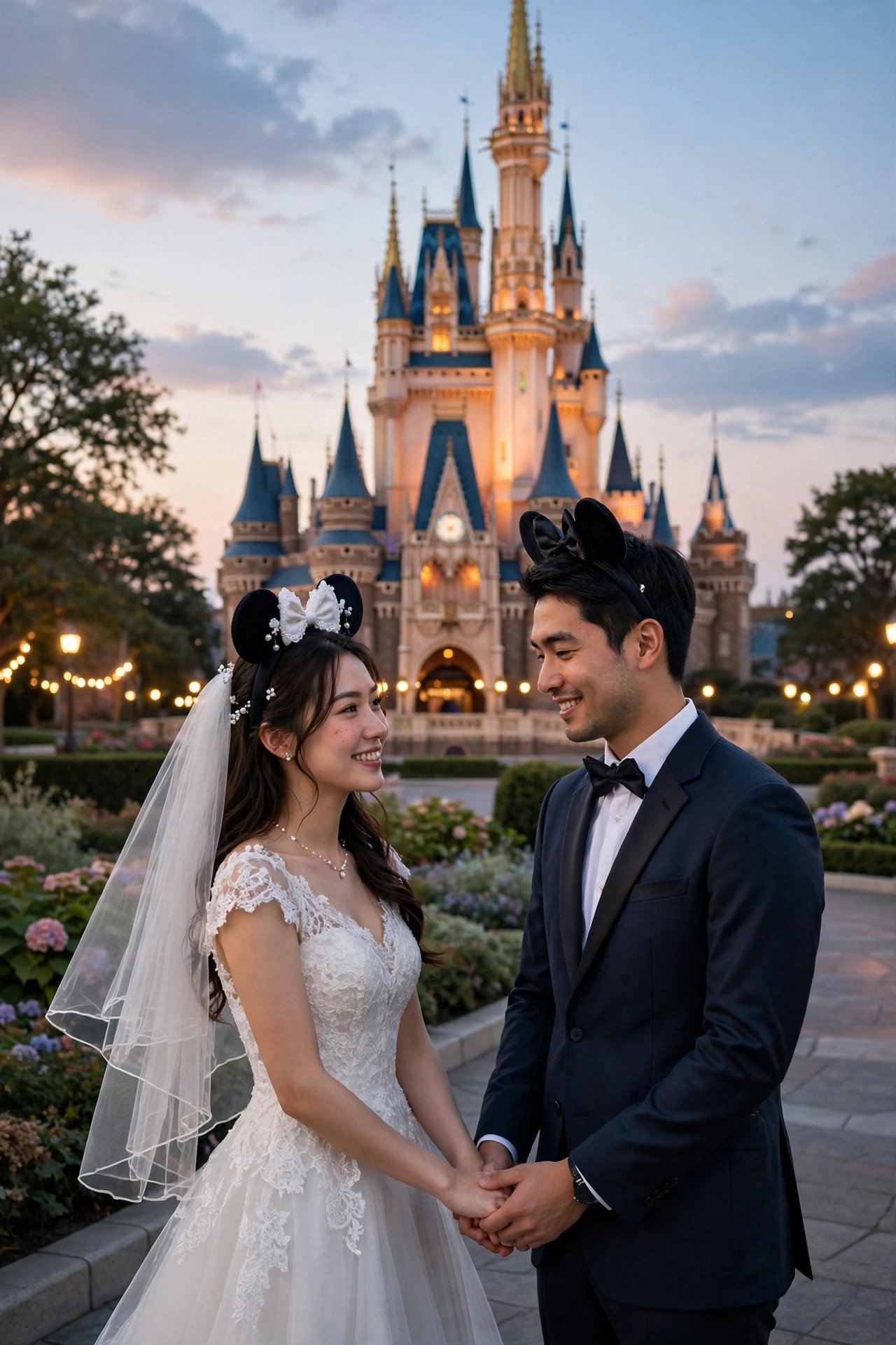 Newlywed couple wearing bride and groom mouse ears holding hands in front of Cinderella Castle at dusk