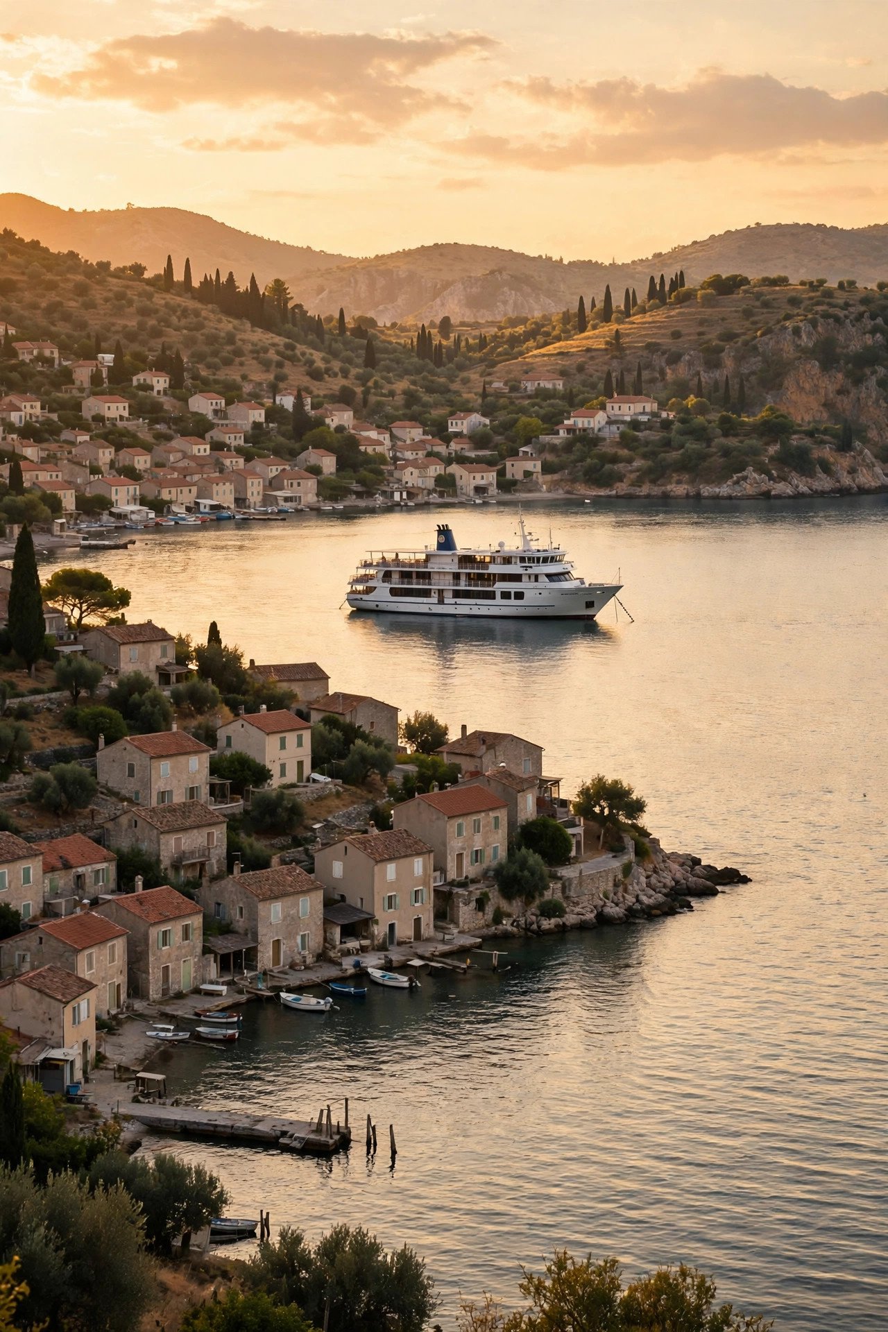 Small cruise ship anchored near a quiet coastal town at golden hour