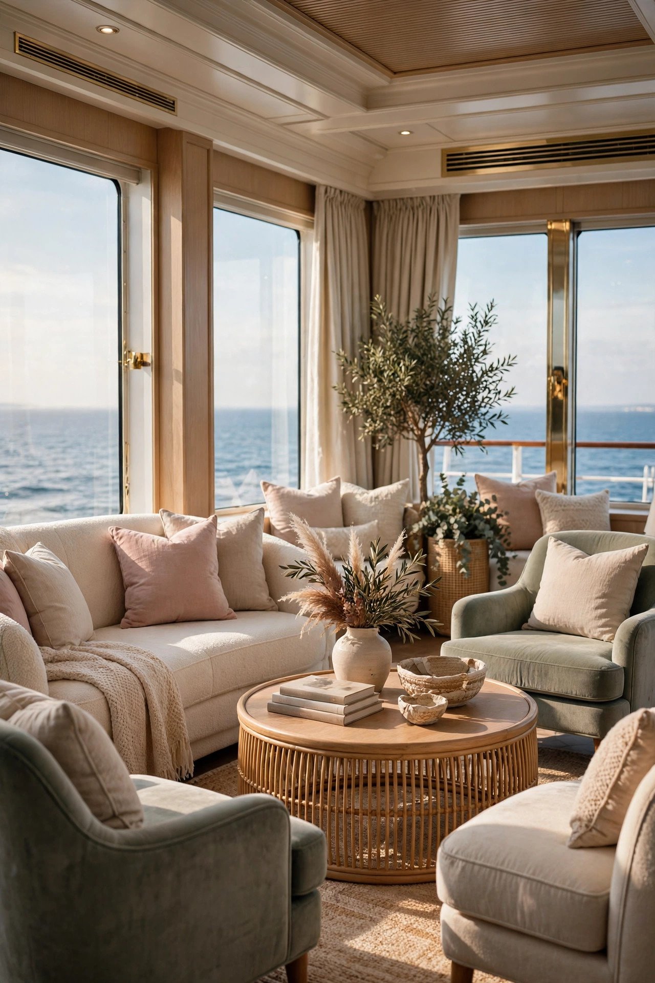 Elegant all-suite cruise ship lounge with ocean views and plush seating