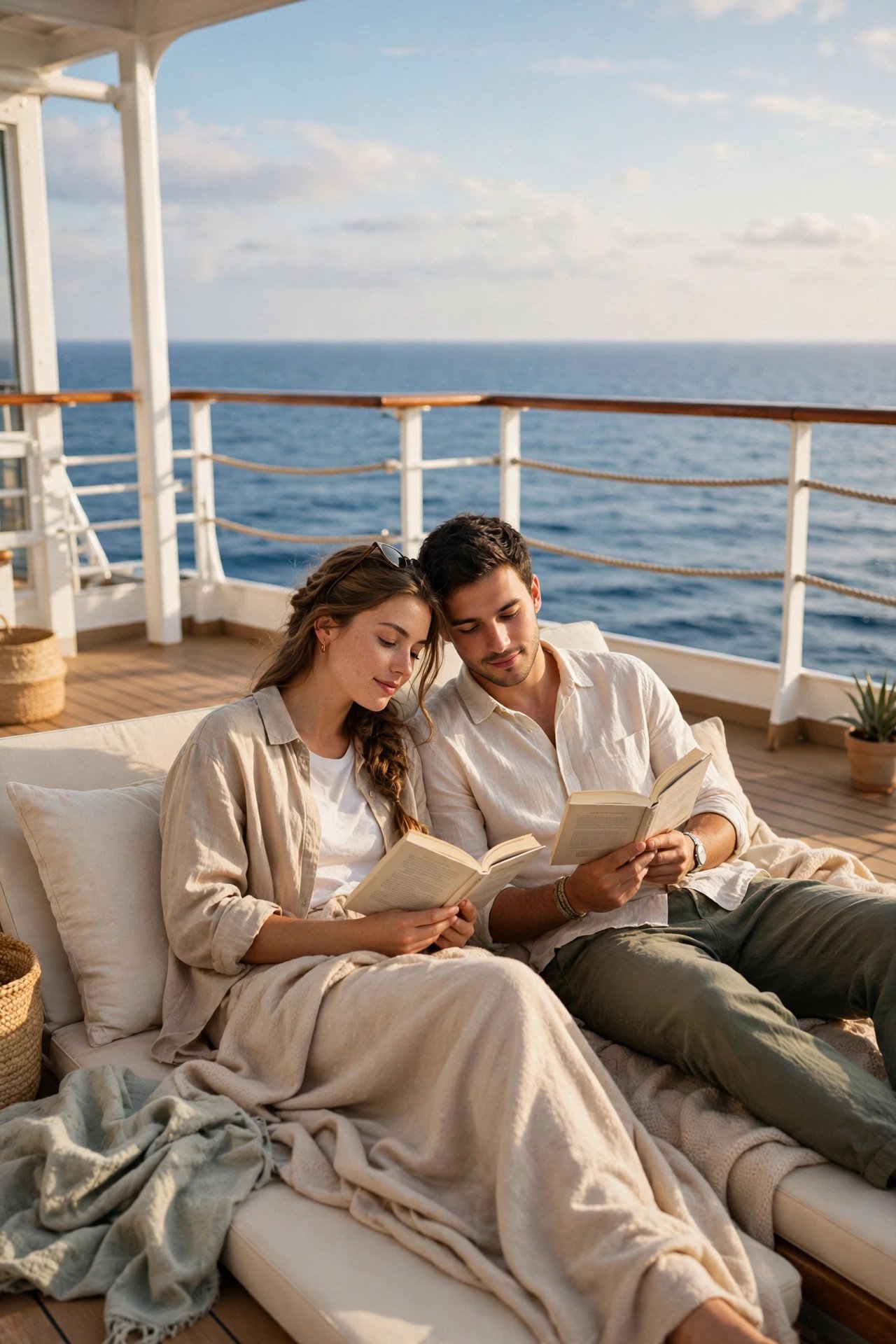 Couple reading and relaxing on a quiet cruise ship deck crossing the ocean